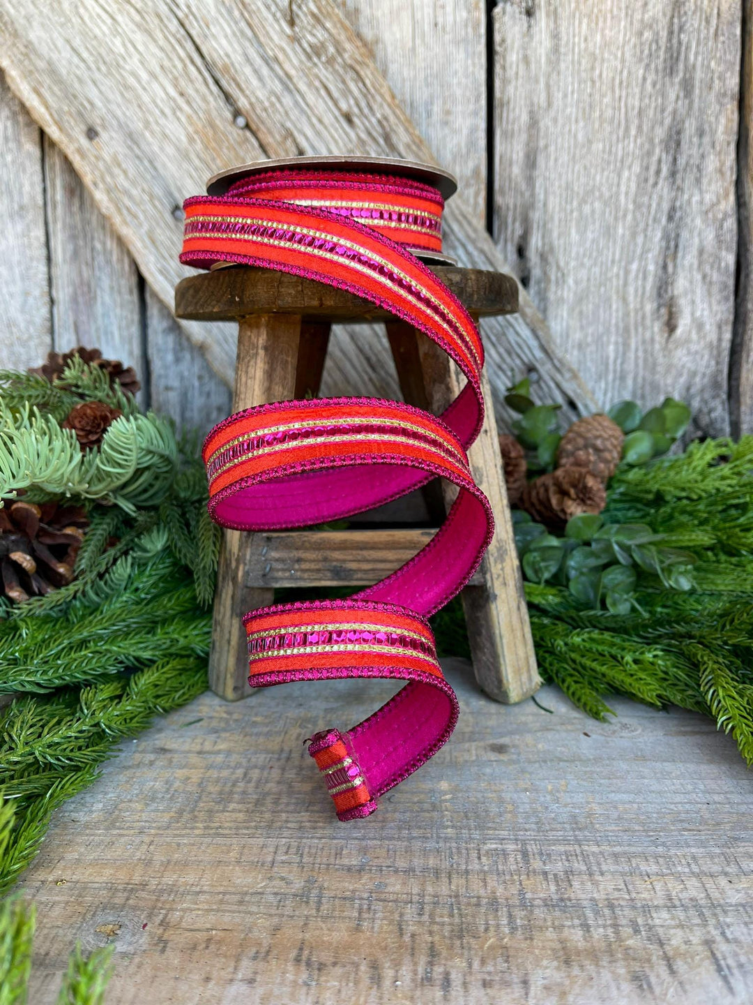 5/8" Orange Hot Pink Sequin Trim RIbbon, Wired RIbbon, Orange Ribbon