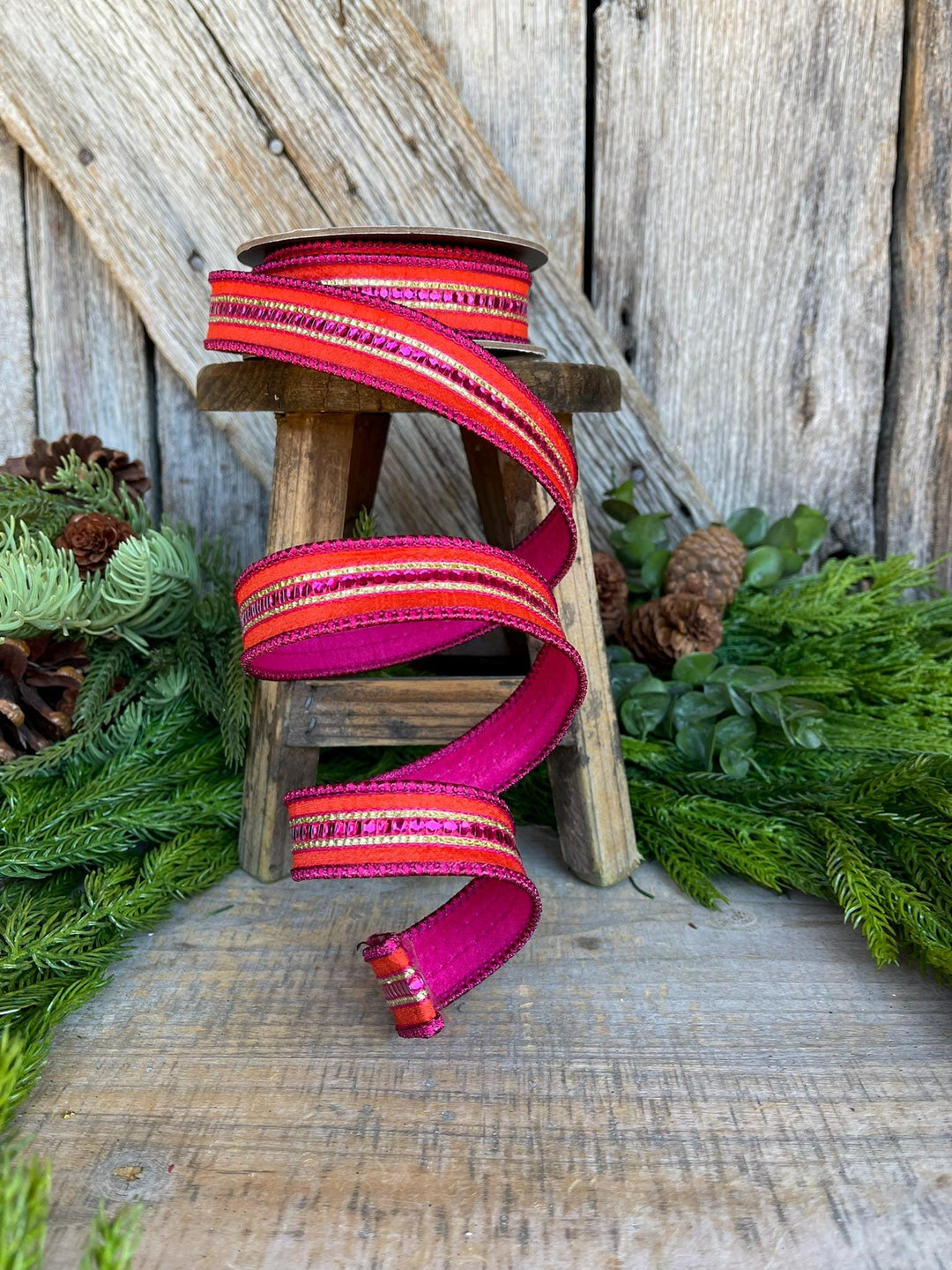 5/8" Orange Hot Pink Sequin Trim RIbbon, Wired RIbbon