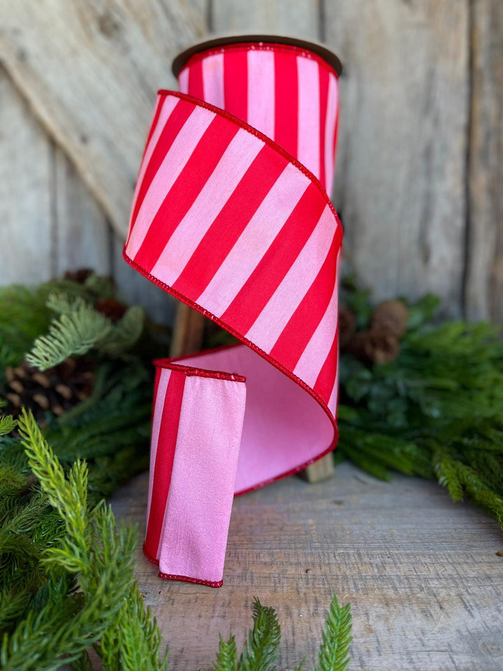 4" Red &amp; Pink Stripe Ribbon, Christmas Ribbon, Pinkmas Ribon