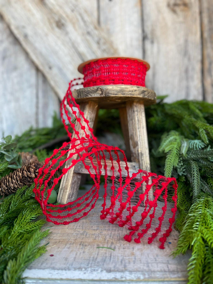 1.5" Red Pom Pom Ribbon, Red Wired Ribbon, Christmas RIbbon