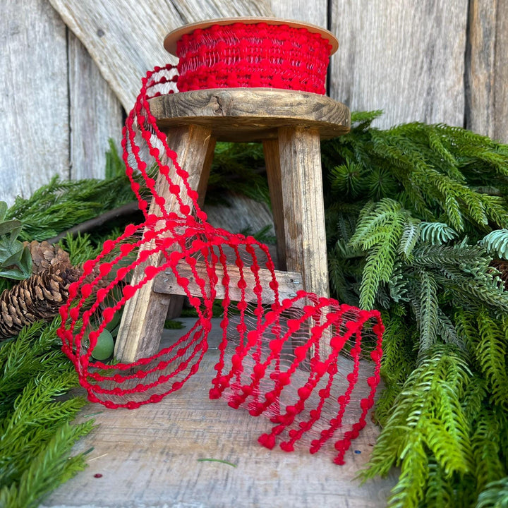 1.5" Red Pom Pom Ribbon, Red Wired Ribbon, Christmas RIbbon