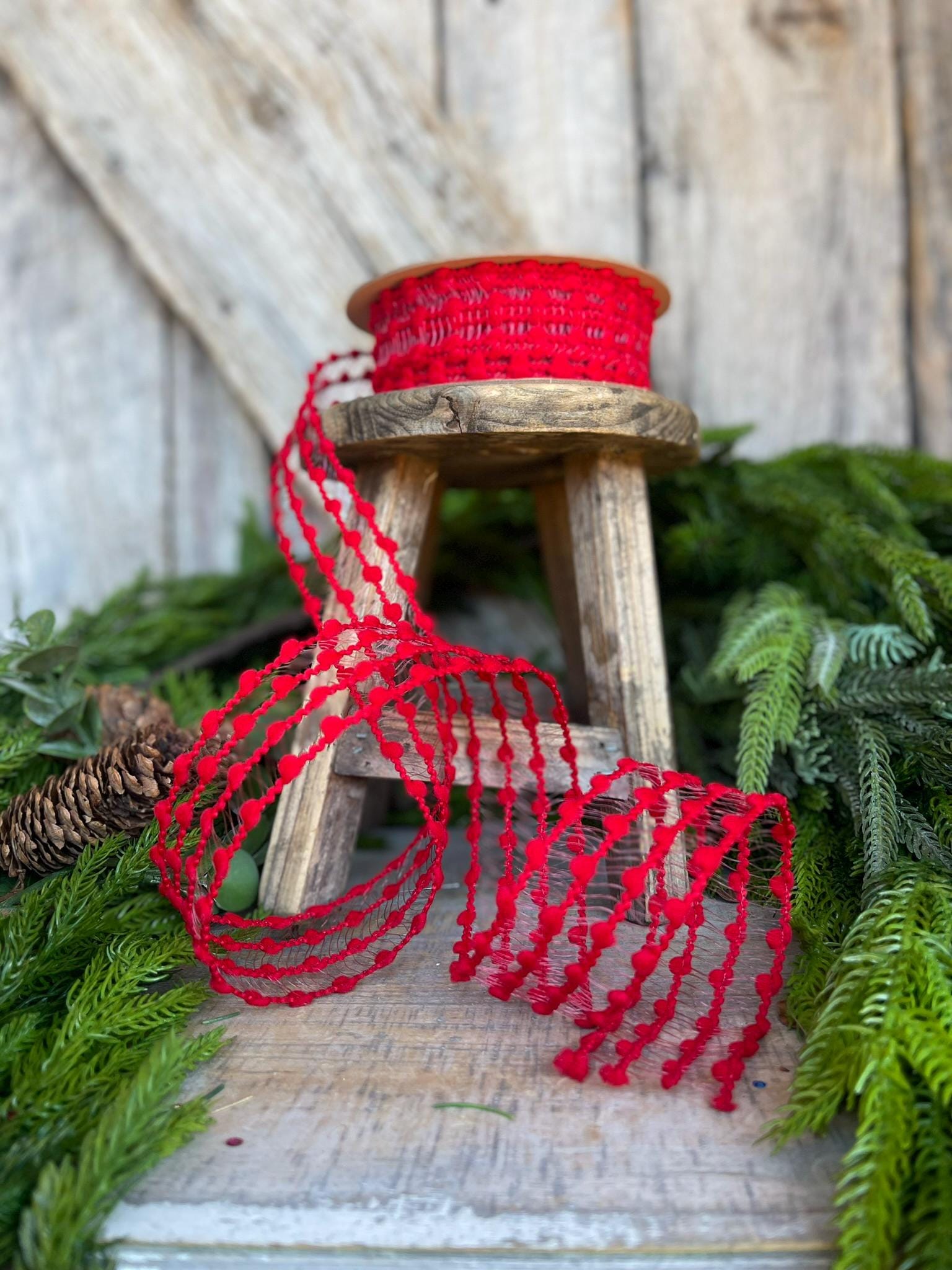 1.5" Red Pom Pom Ribbon, Red Wired Ribbon, Christmas RIbbon