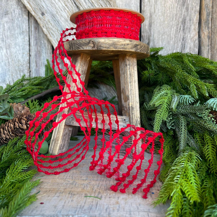 1.5" Red Pom Pom Ribbon, Red Wired Ribbon, Christmas RIbbon