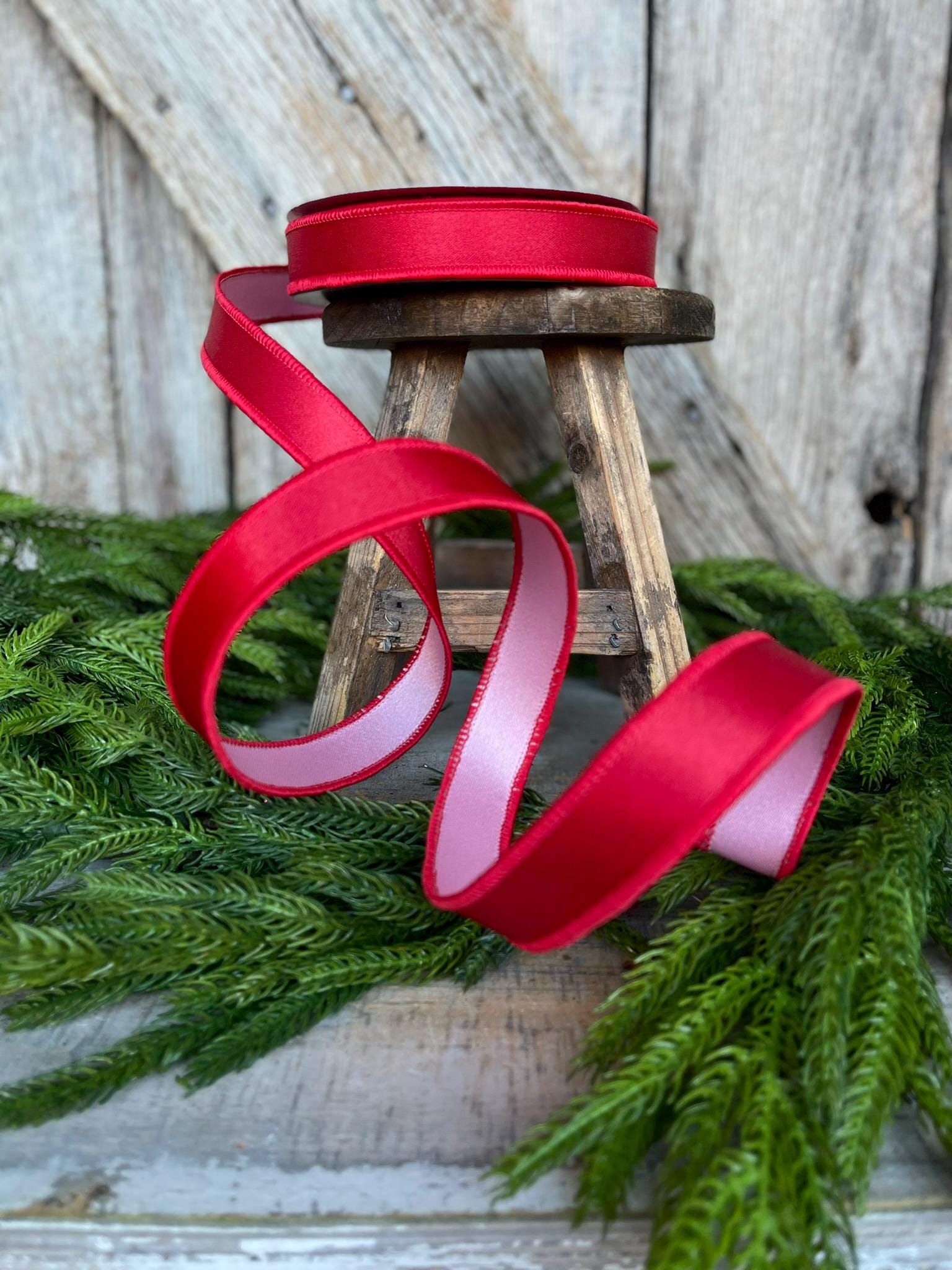 1" Red Pink Satin Duo Ribbon, Farrisilk Ribbon, Christmas Ribbon