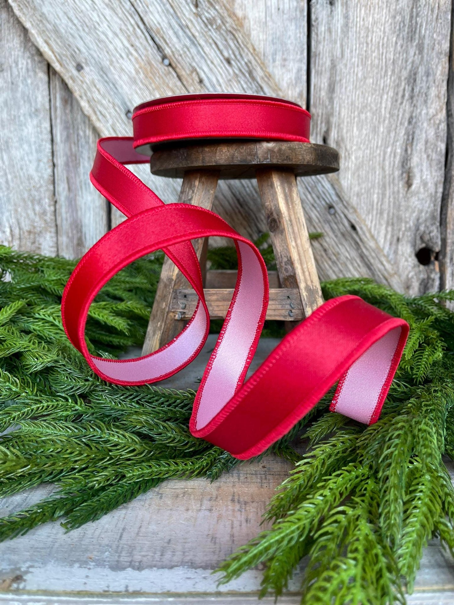 1" Red Pink Satin Duo Ribbon, Farrisilk Ribbon, Christmas Ribbon