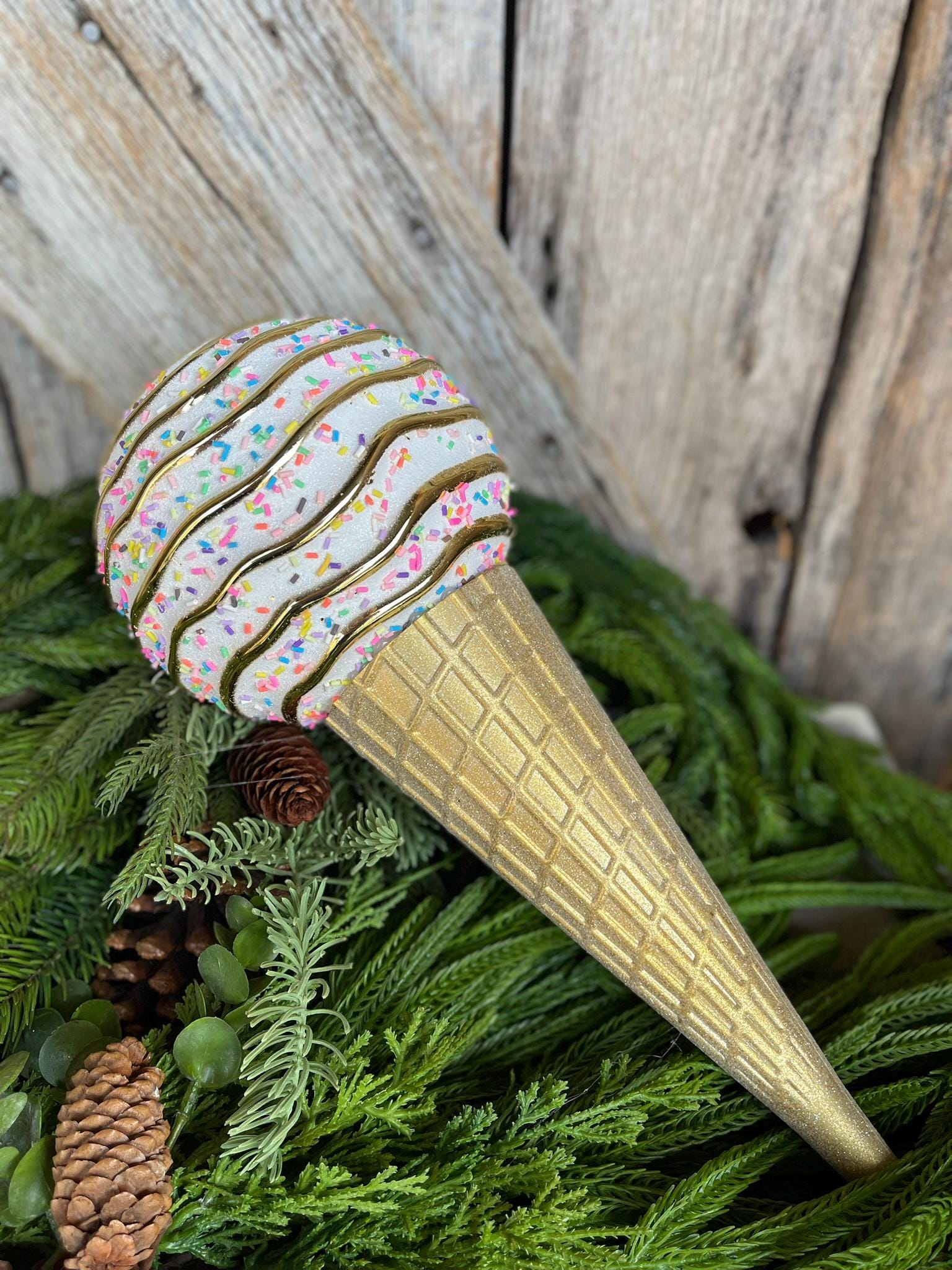 15" White Ice Cream Cone Ornament, Farrisilk Candy Couture