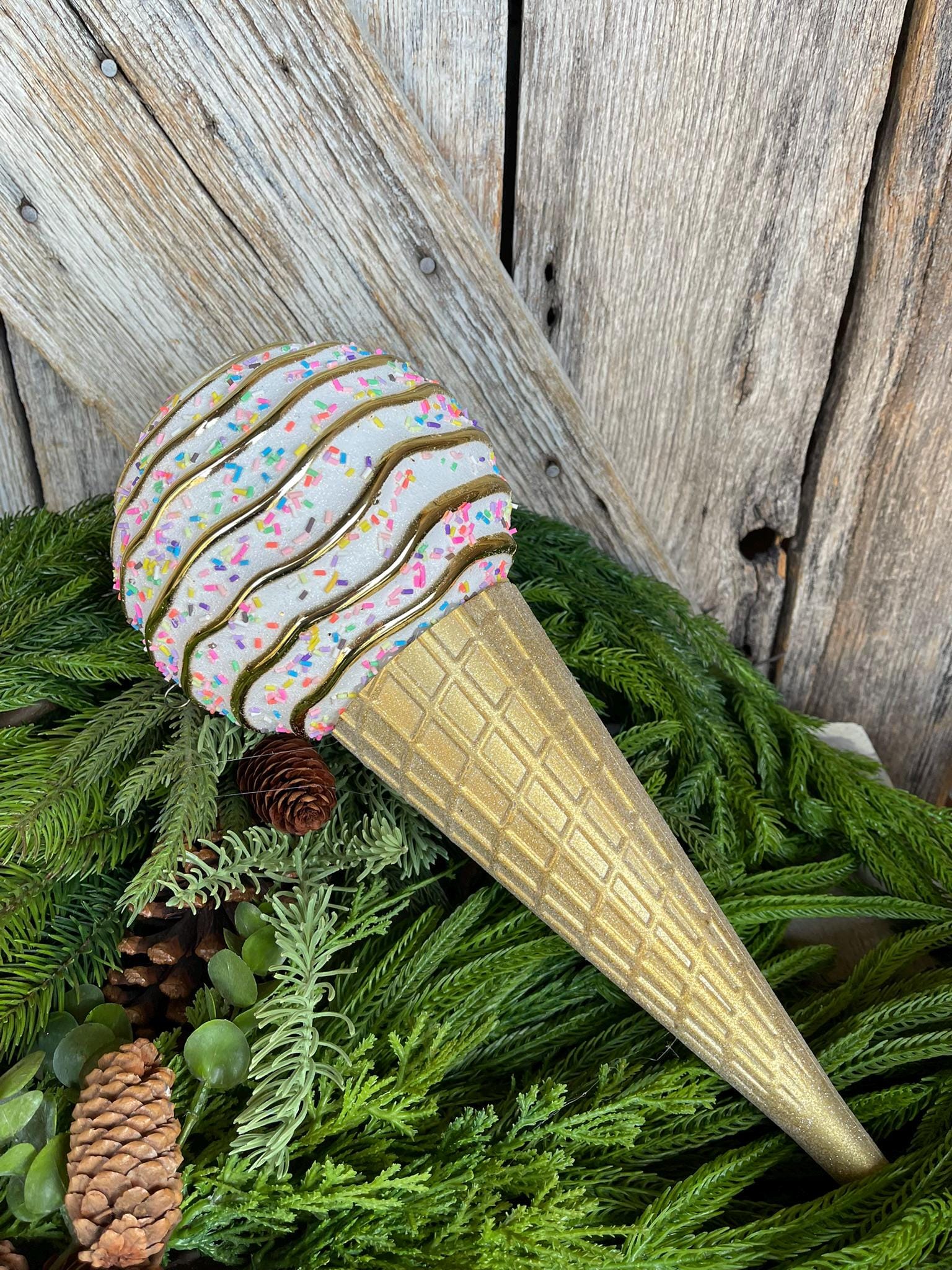 15" White Ice Cream Cone Ornament, Farrisilk Candy Couture