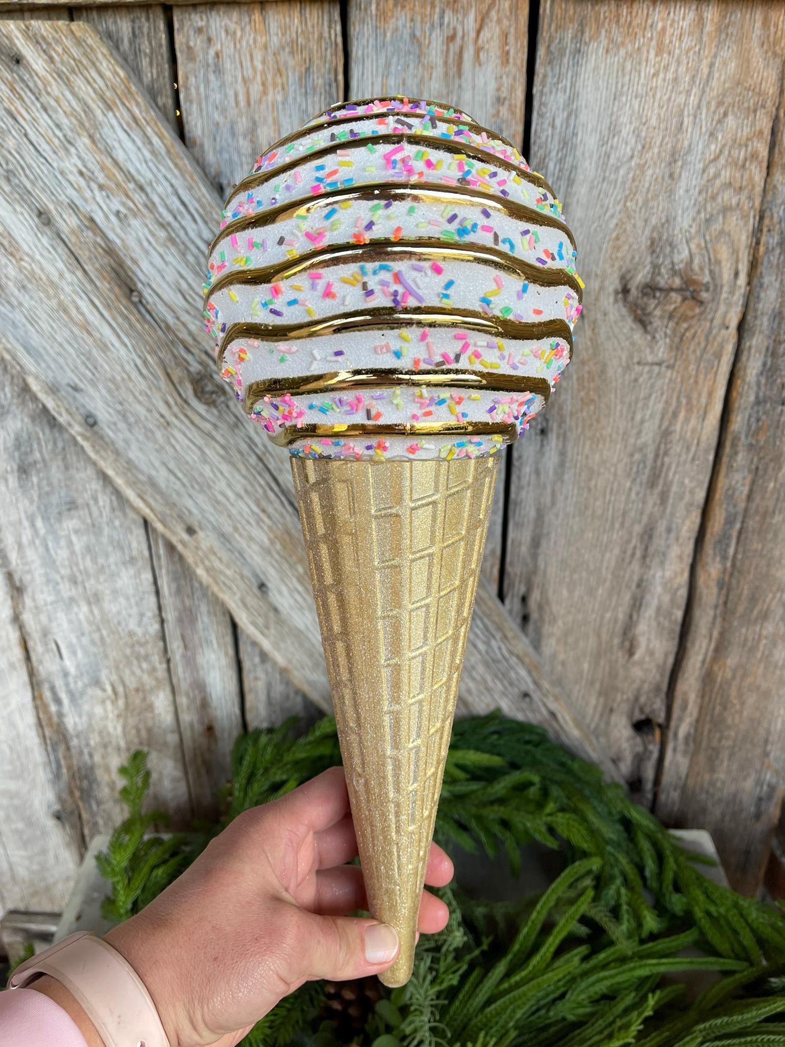 15" White Ice Cream Cone Ornament, Farrisilk Candy Couture