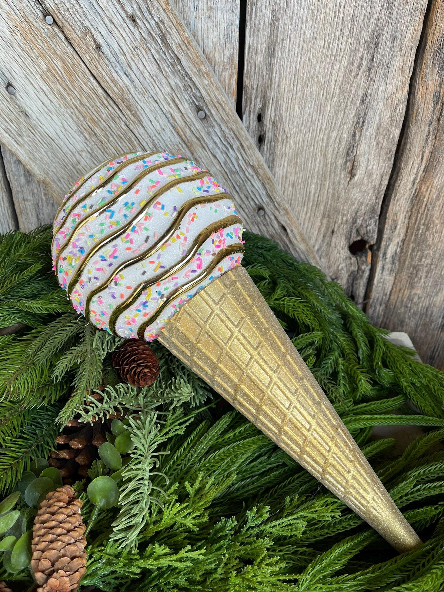 15" White Ice Cream Cone Ornament, Farrisilk Candy Couture