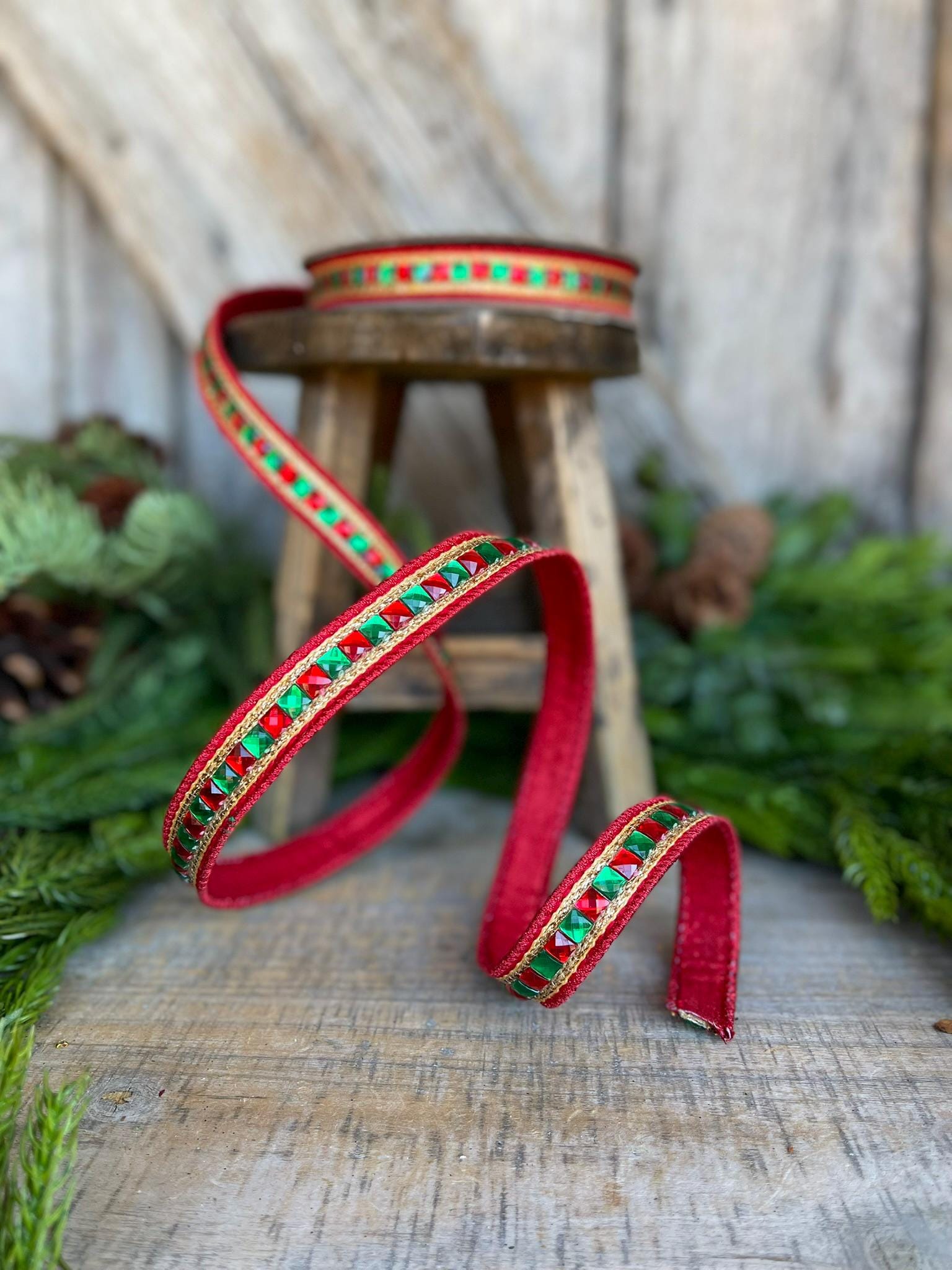 7/8" Red Green Gold Jeweled Ribbon, Jeweled Ribbon, Christmas Ribbon