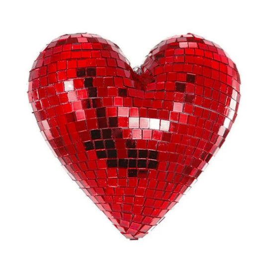 12" Red Mirrored Heart Ornament, Farrisilk Heart Ornament, Disco Valentine Heart