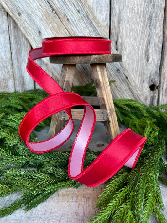 1" Red Pink Satin Duo Ribbon, Farrisilk Ribbon, Christmas Ribbon