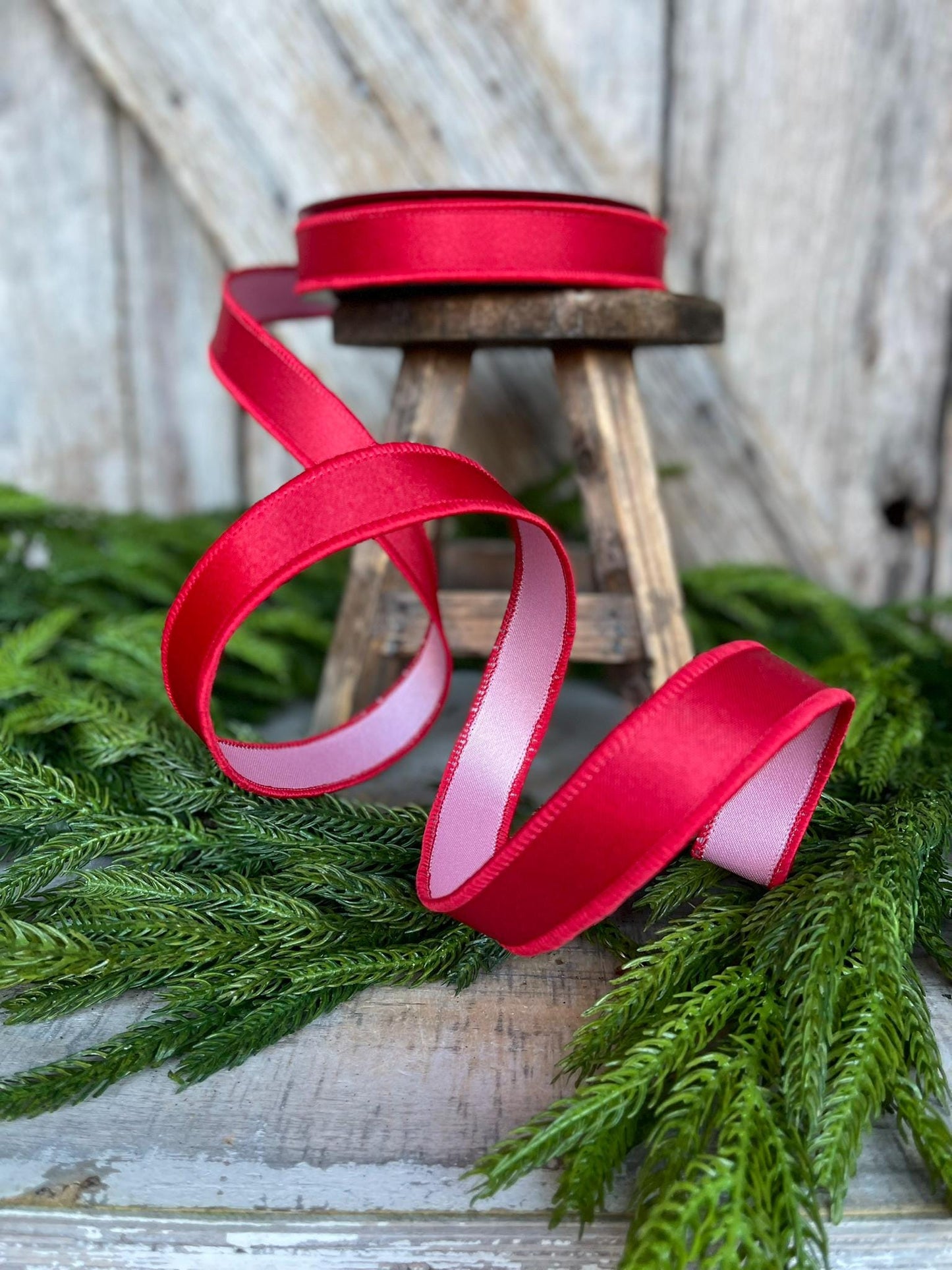 1" Red Pink Satin Duo Ribbon, Farrisilk Ribbon, Christmas Ribbon