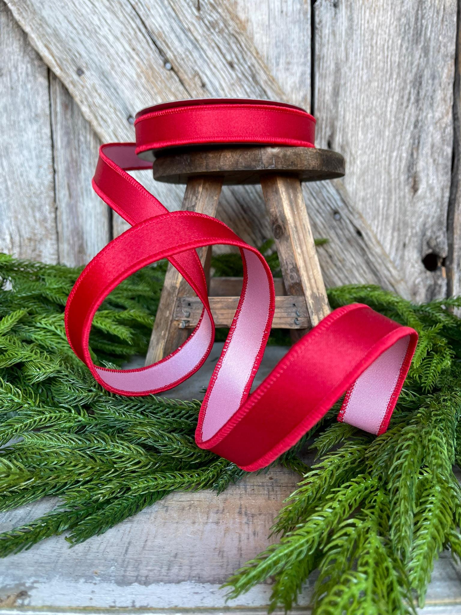 1" Red Pink Satin Duo Ribbon, Farrisilk Ribbon, Christmas Ribbon