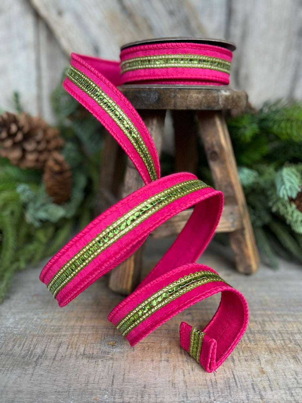 7/8" Hot Pink Twinkle Trim Ribbon, Pink Lime Green ribbon, Pink Jeweled RIbbon