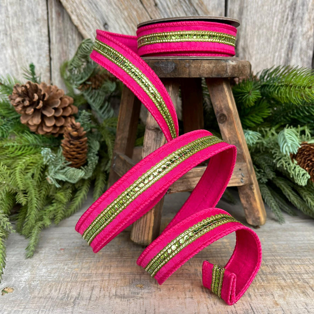 7/8" Hot Pink Twinkle Trim Ribbon, Pink Lime Green ribbon, Pink Jeweled RIbbon