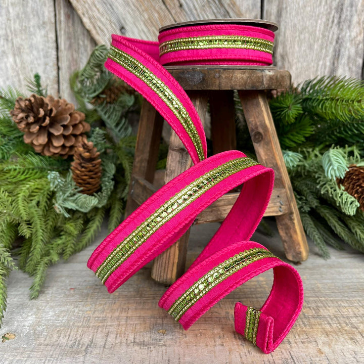 7/8" Hot Pink Twinkle Trim Ribbon, Pink Lime Green ribbon, Pink Jeweled RIbbon