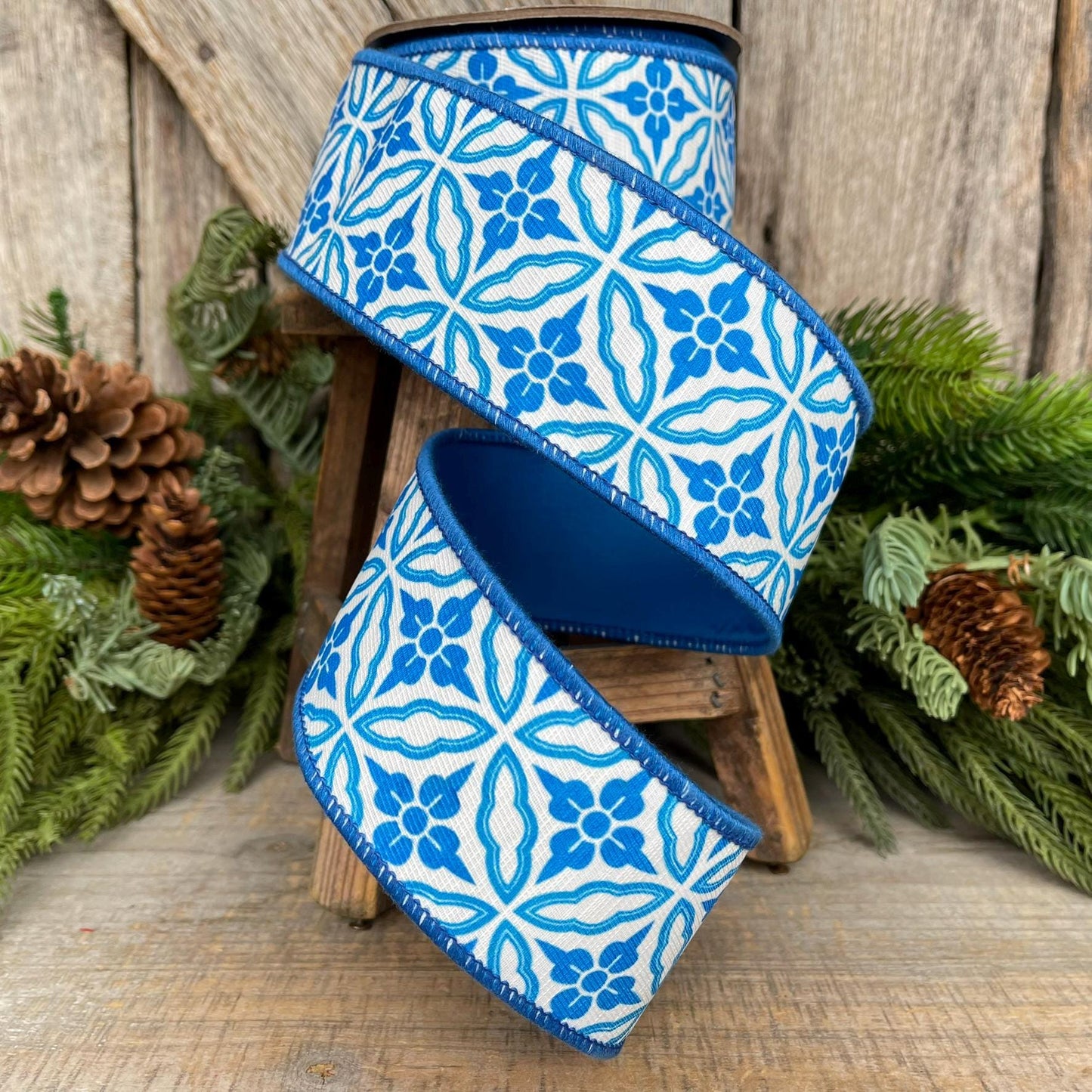 2.5" Blue Chinoiserie Ribbon, Blue and White Chinoiserie Ribbon, Wired RIbbon