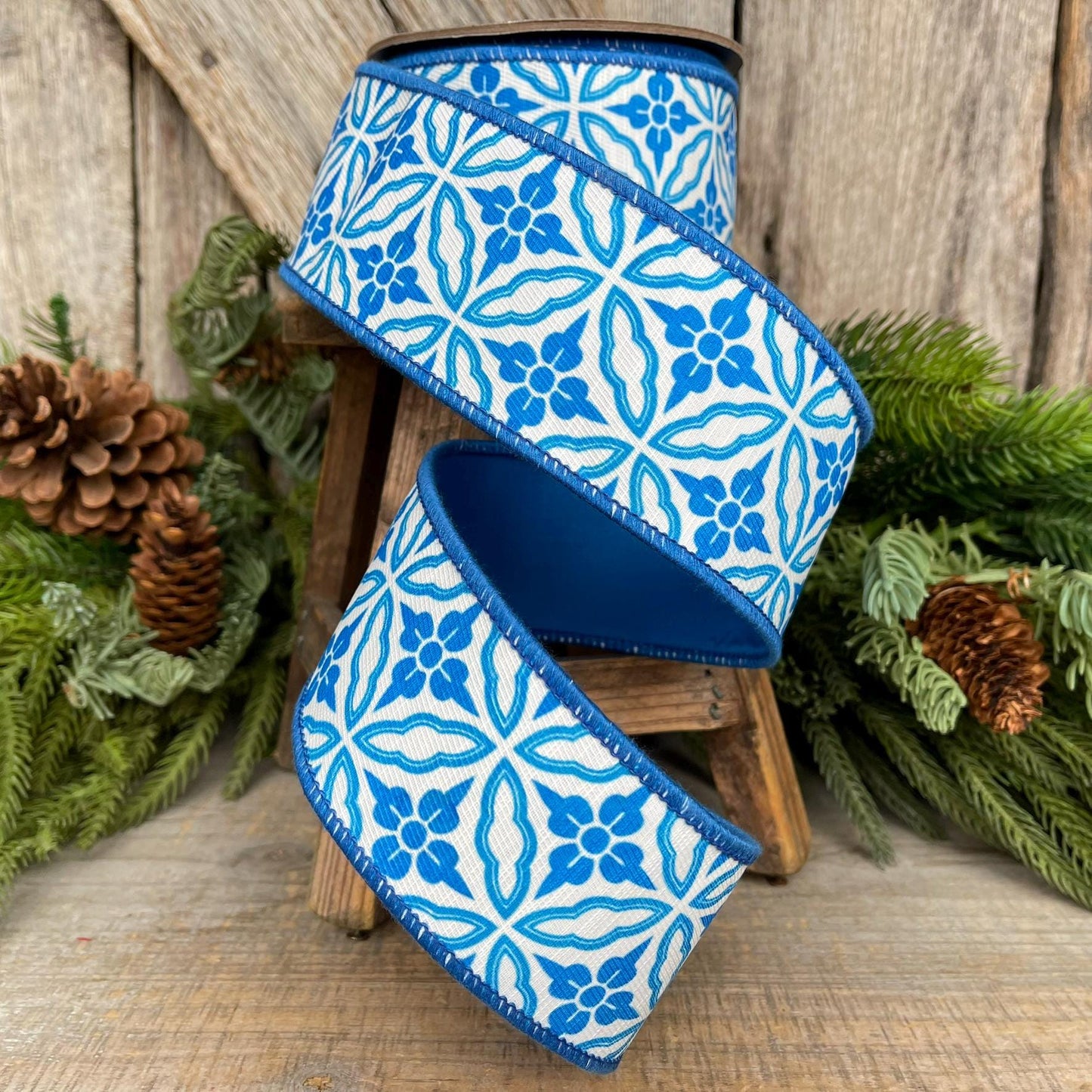 2.5" Blue Chinoiserie Ribbon, Blue and White Chinoiserie Ribbon, Wired RIbbon