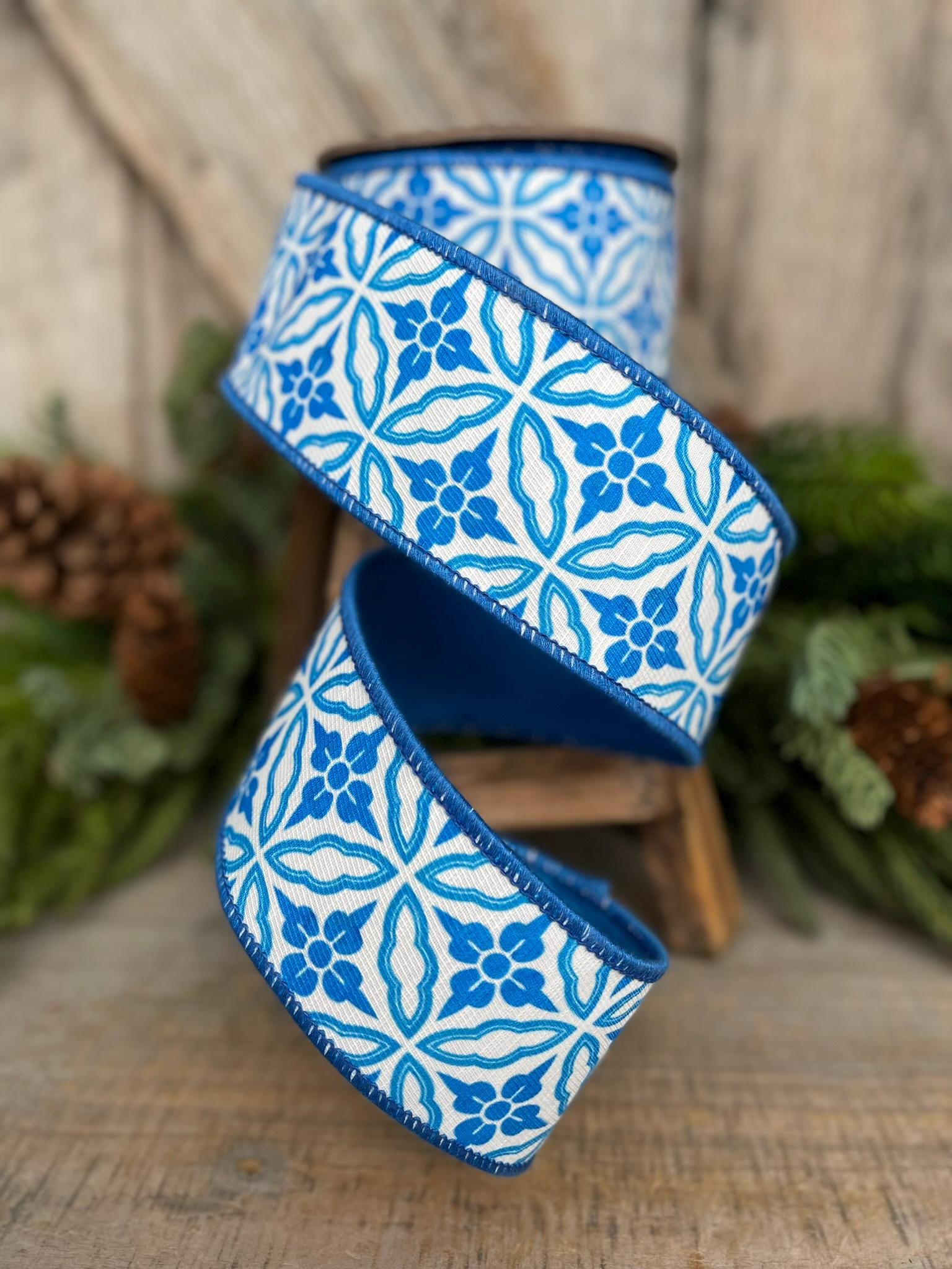 2.5" Blue Chinoiserie Ribbon, Blue and White Chinoiserie Ribbon, Wired RIbbon