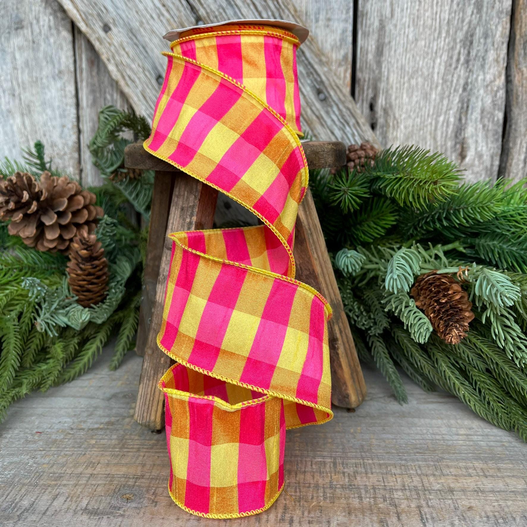 2.5" Hot Pink Yellow Plaid Ribbon, Dupion, Spring Ribbon, Yellow Pink RIbbon, Dupion Ribbon, Designer RIbbon, Summer Ribbon