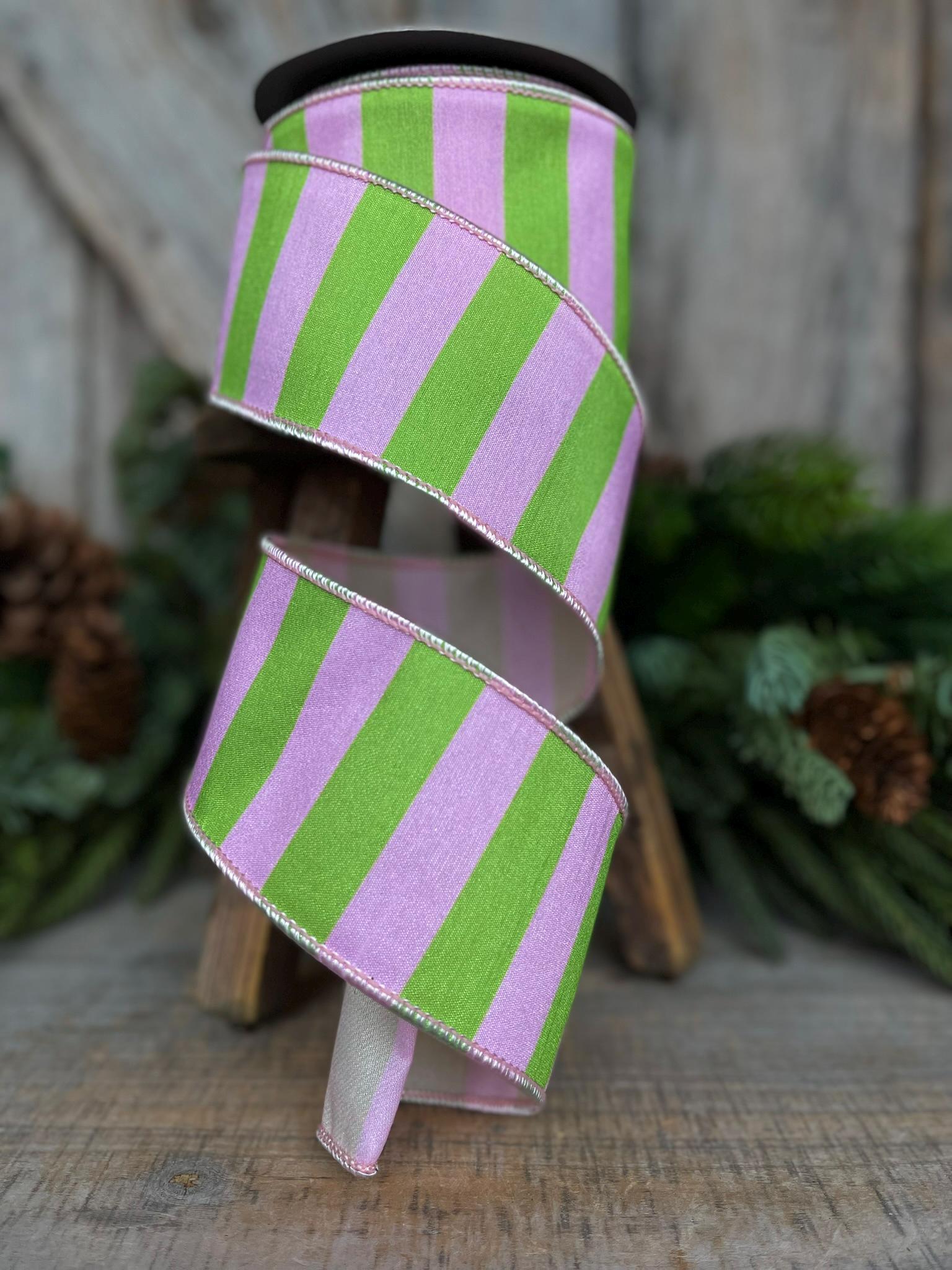 2.5" Pink Green Stripe Ribbon, Wired RIbbon, Pink Wired RIbbon, SPring Ribbon, 2 Tone Ribbon, Easter Ribbon, Designer Ribbon, 94544W-153-40F