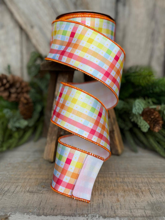 2.5" Pastel Check Plaid Ribbon, Designer Ribbon, Plaid Ribbon, Spring RIbbon, WreathSUpply, Craft supply, Ribbon for Bows, 94528W-767-40F