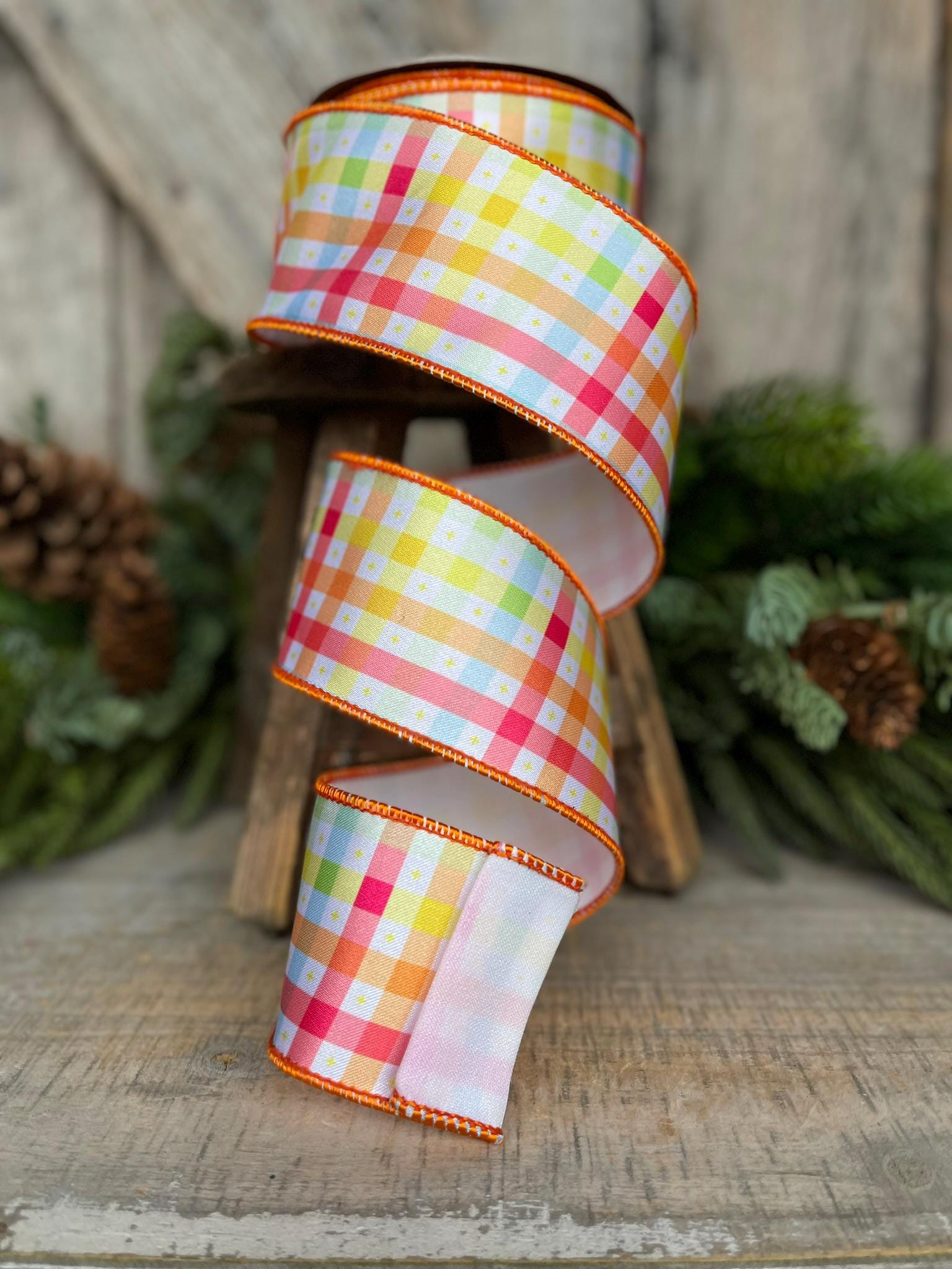 2.5" Pastel Check Plaid Ribbon, Designer Ribbon, Plaid Ribbon, Spring RIbbon, WreathSUpply, Craft supply, Ribbon for Bows, 94528W-767-40F