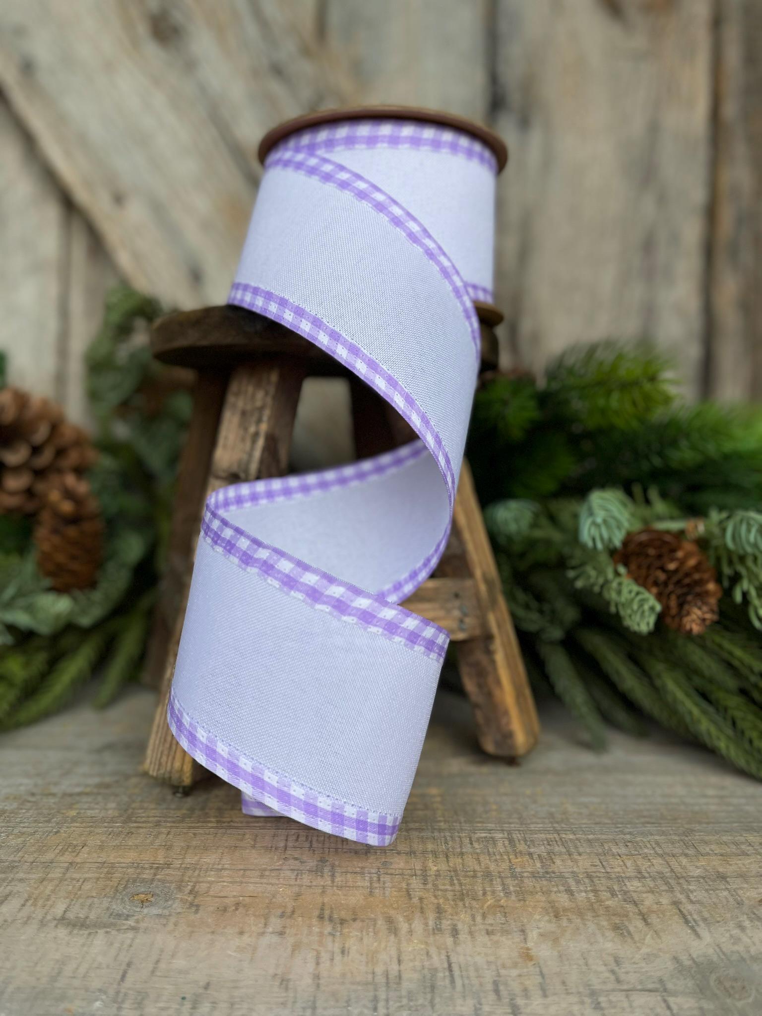 2.5" Purple Lavender Gingham RIbbon, Spring Ribbon, Easter Ribbon, Lavender White Ribbon, Gingham Edge Ribbon