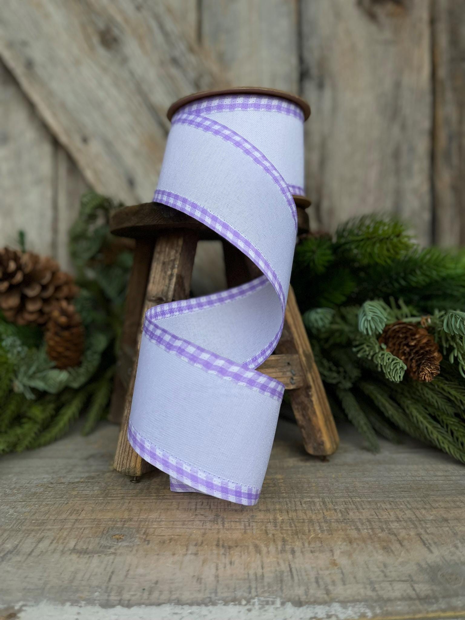 2.5" Purple Lavender Gingham RIbbon, Spring Ribbon, Easter Ribbon, Lavender White Ribbon, Gingham Edge Ribbon