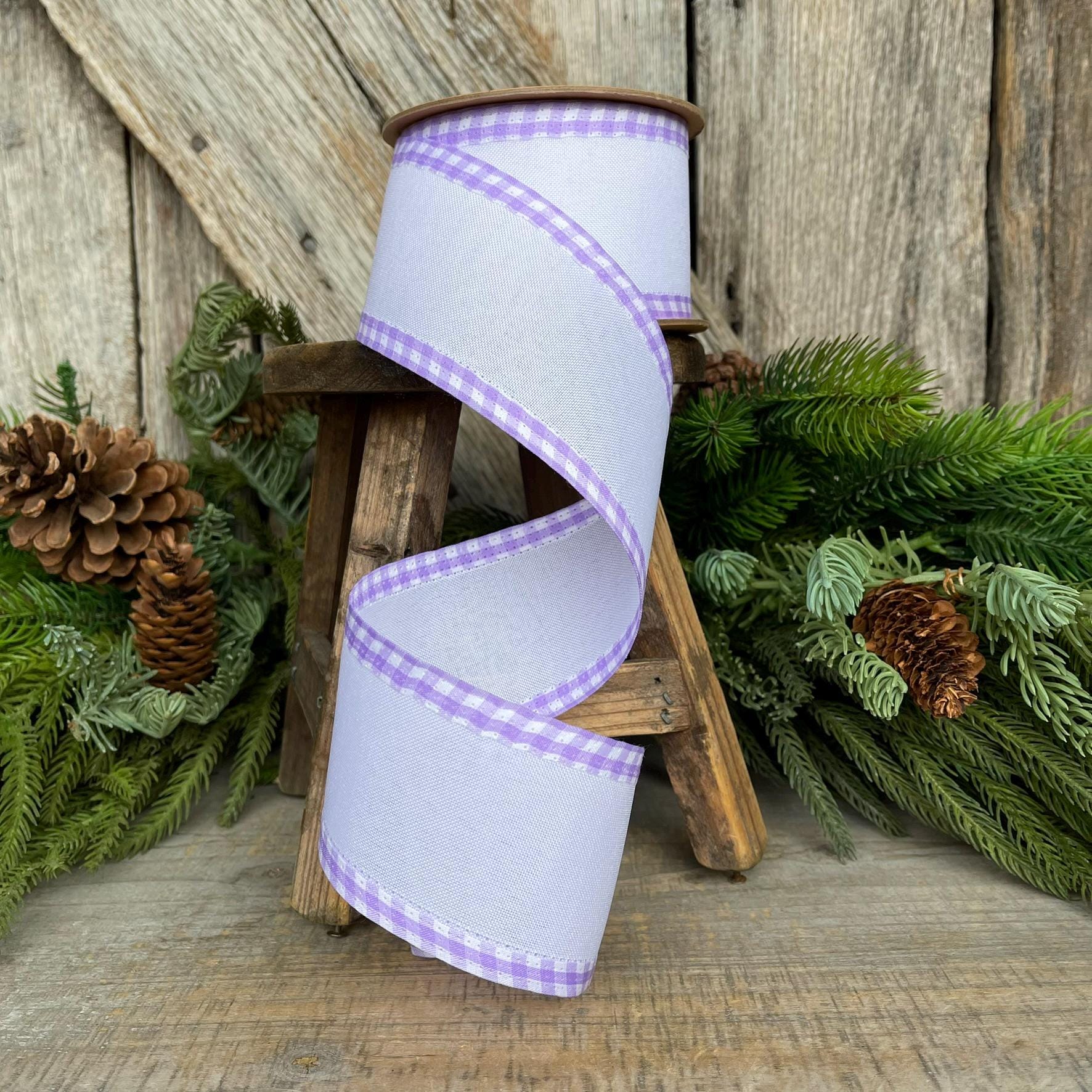 2.5" Purple Lavender Gingham RIbbon, Spring Ribbon, Easter Ribbon, Lavender White Ribbon, Gingham Edge Ribbon
