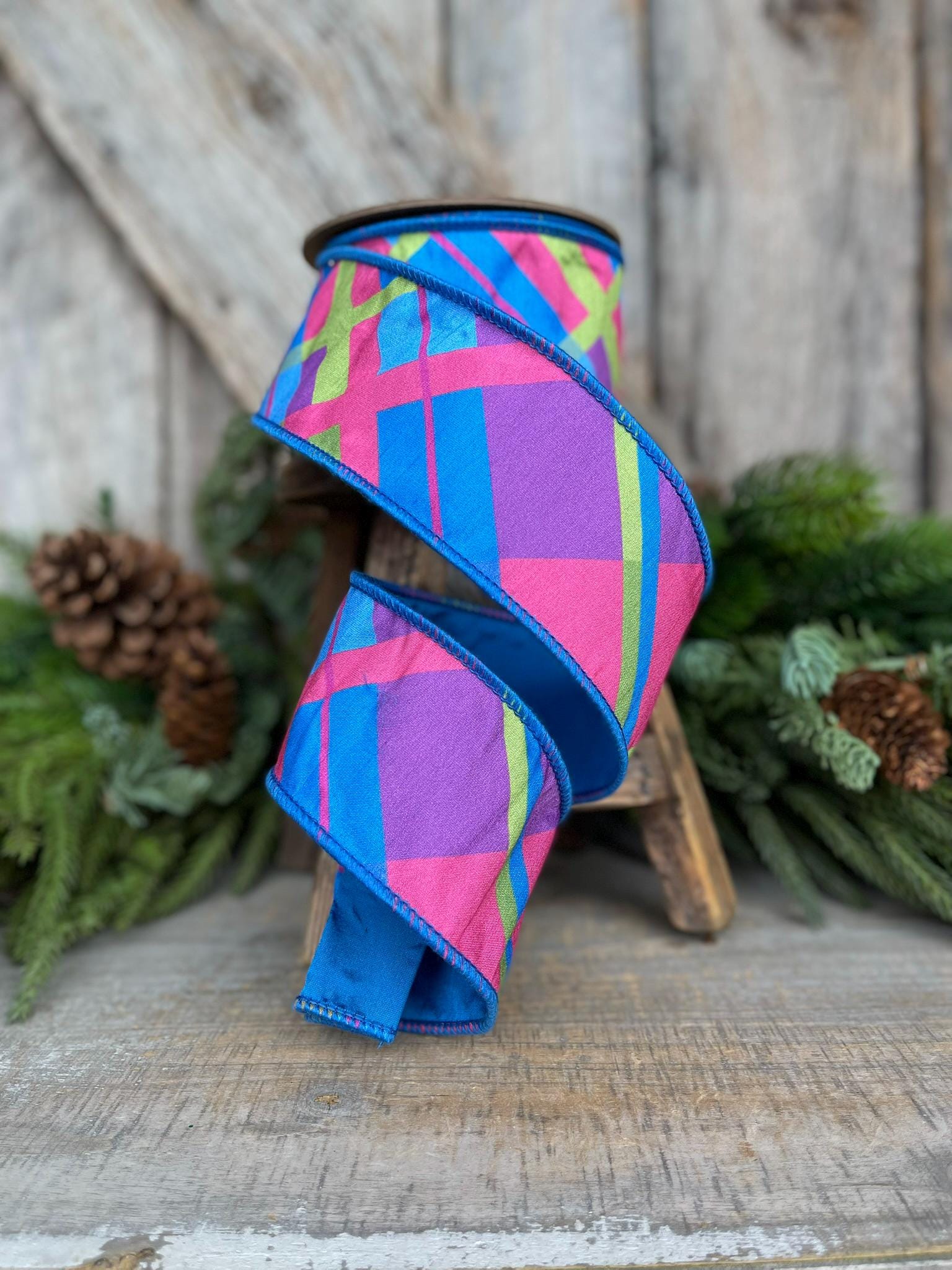 2.5 Blue Spring Plaid Ribbon, Bright Blue Plaid Ribbon, Spring Plaid Ribbon, Designer RIbbon, Fused Ribbon, Ribbon for Bows