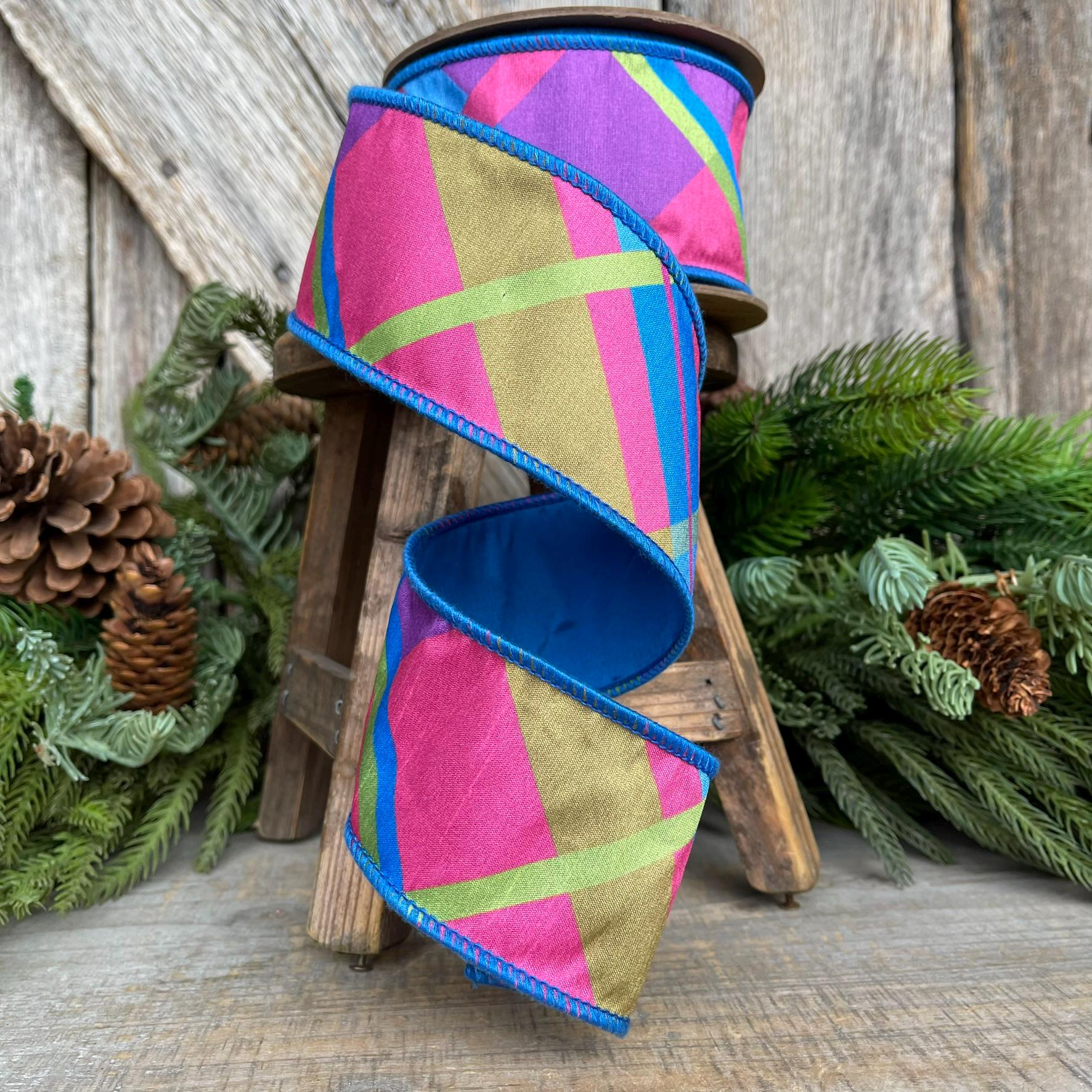 2.5 Blue Spring Plaid Ribbon, Bright Blue Plaid Ribbon, Spring Plaid Ribbon, Designer RIbbon, Fused Ribbon, Ribbon for Bows