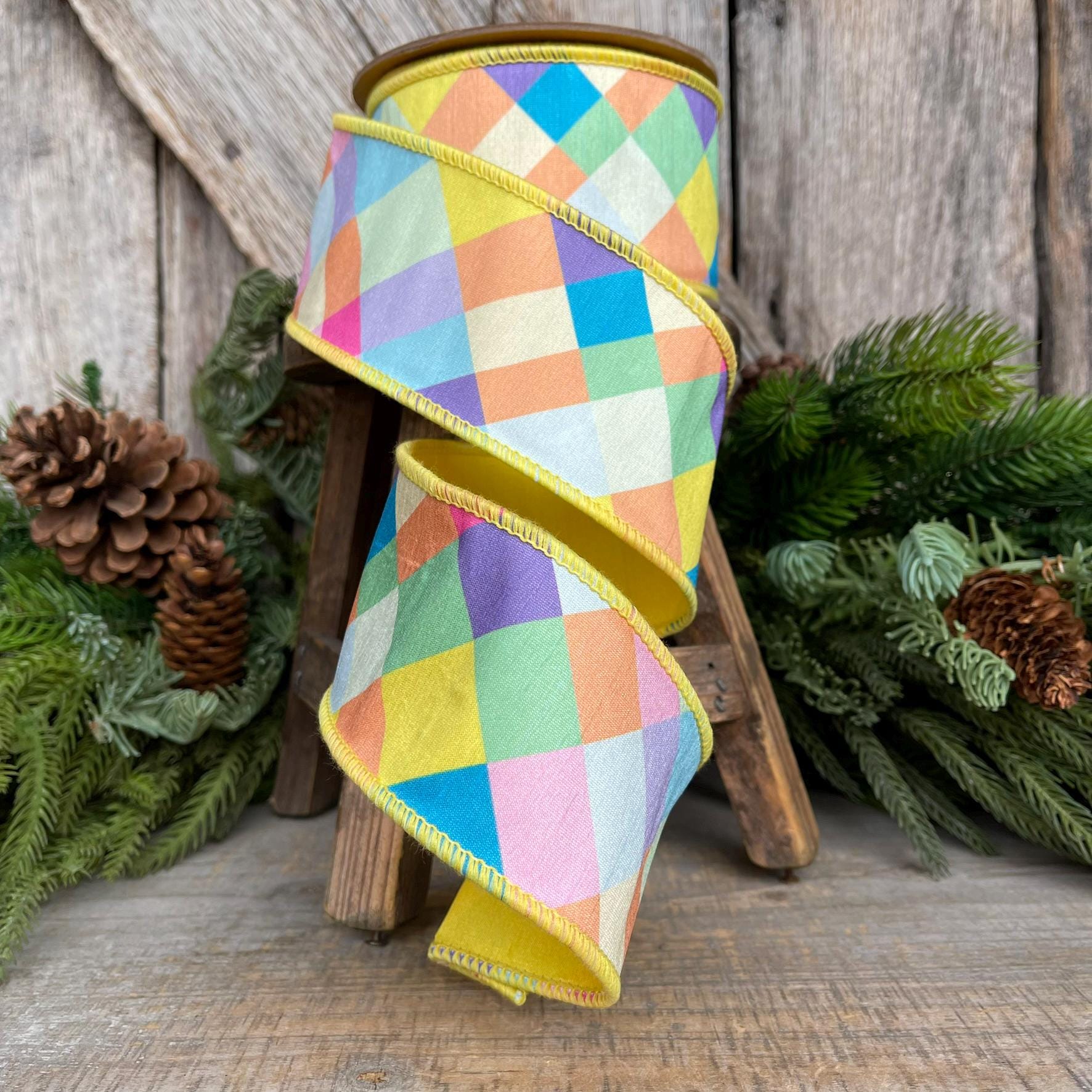2.5" Yellow Pastel Plaid Ribbon, Easter Ribbon, Pastel Ribbon