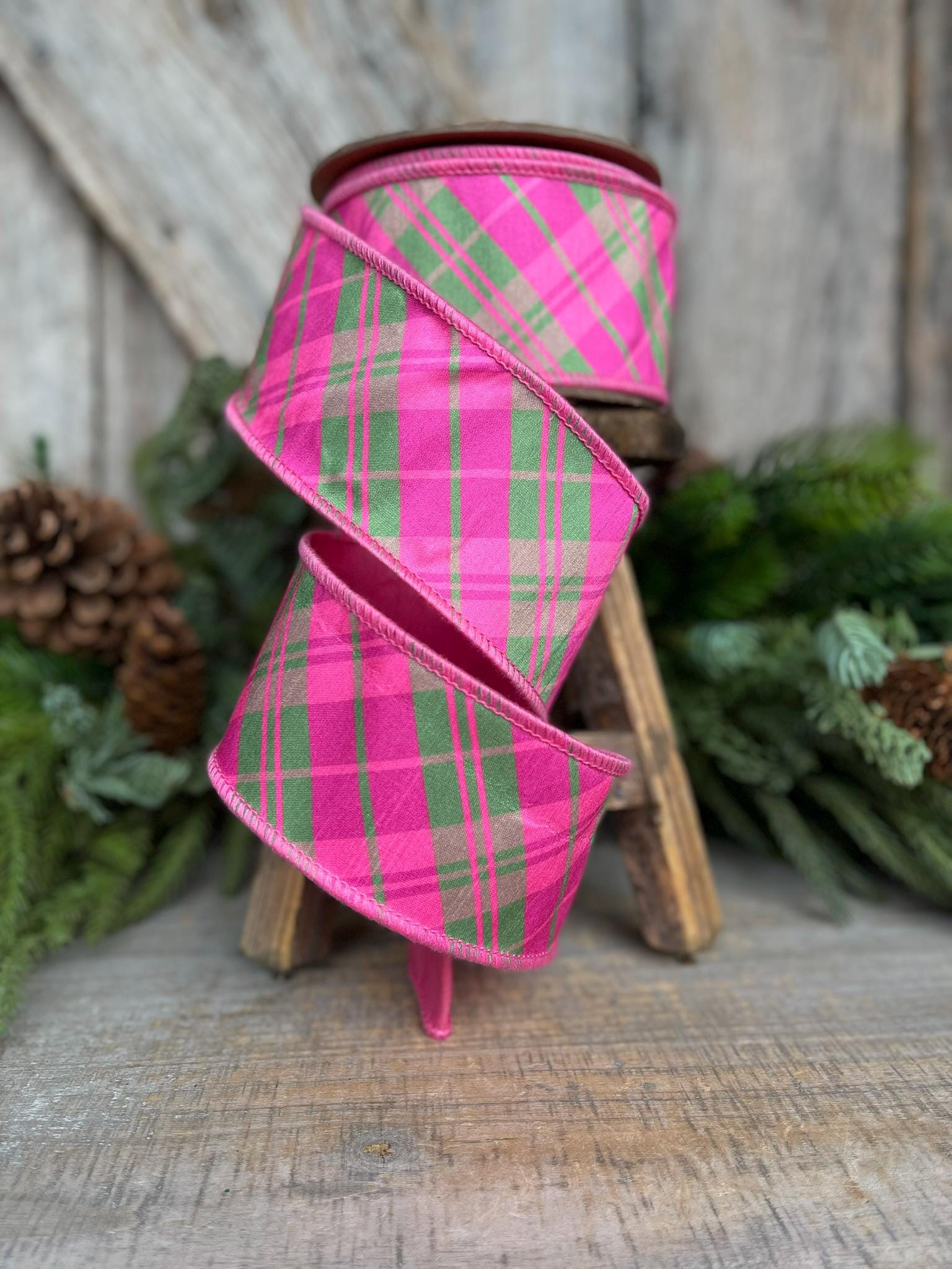 2.5" Pink and Green Bias Plaid RIbbon, Spring Ribbon, Bubblegum Pink Plaid Ribbon, Easter Ribbon, Hot Pink Ribbon