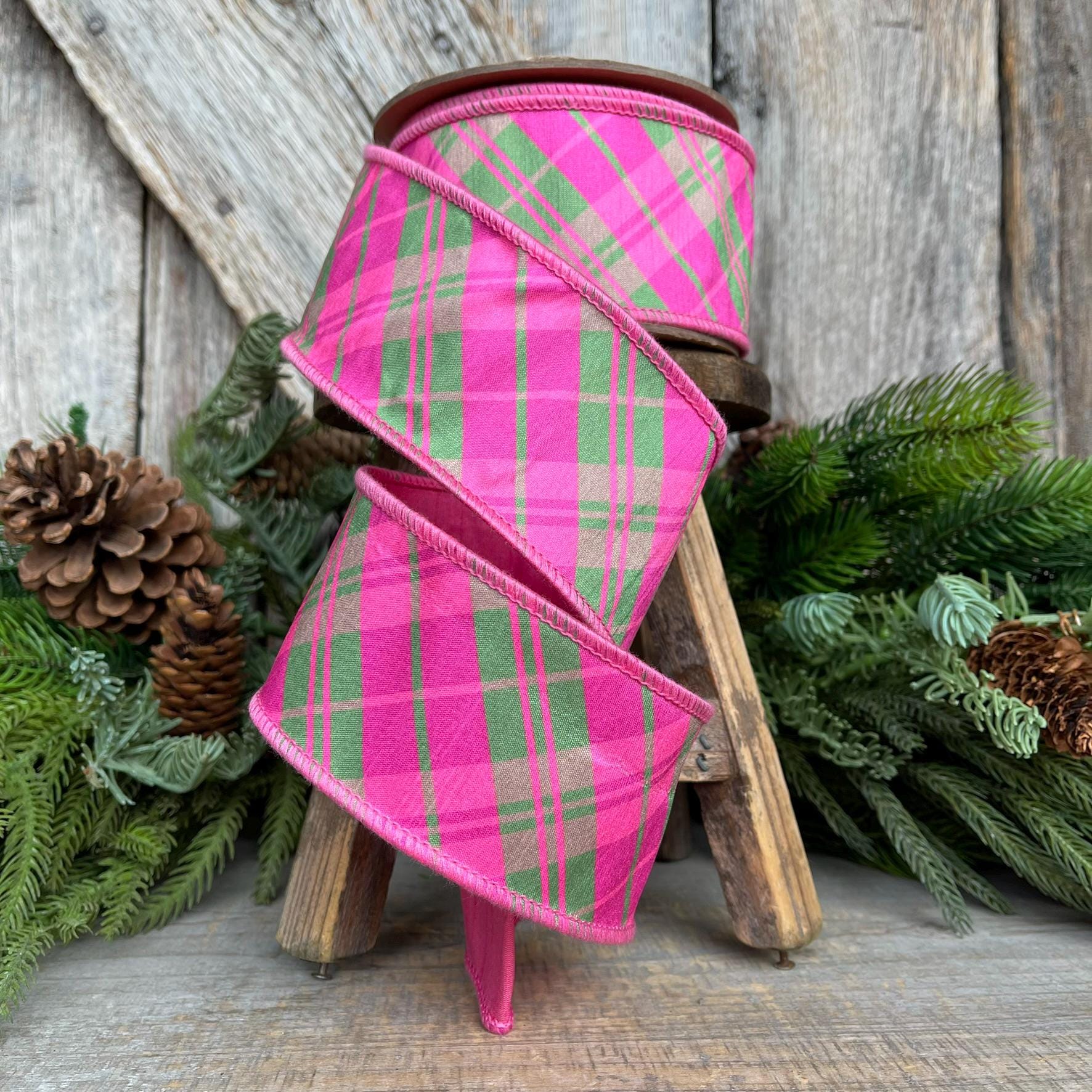 2.5" Pink and Green Bias Plaid RIbbon, Spring Ribbon, Bubblegum Pink Plaid Ribbon, Easter Ribbon, Hot Pink Ribbon