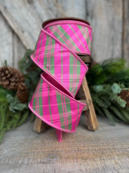 2.5" Pink and Green Bias Plaid RIbbon, Spring Ribbon, Bubblegum Pink Plaid Ribbon, Easter Ribbon, Hot Pink Ribbon