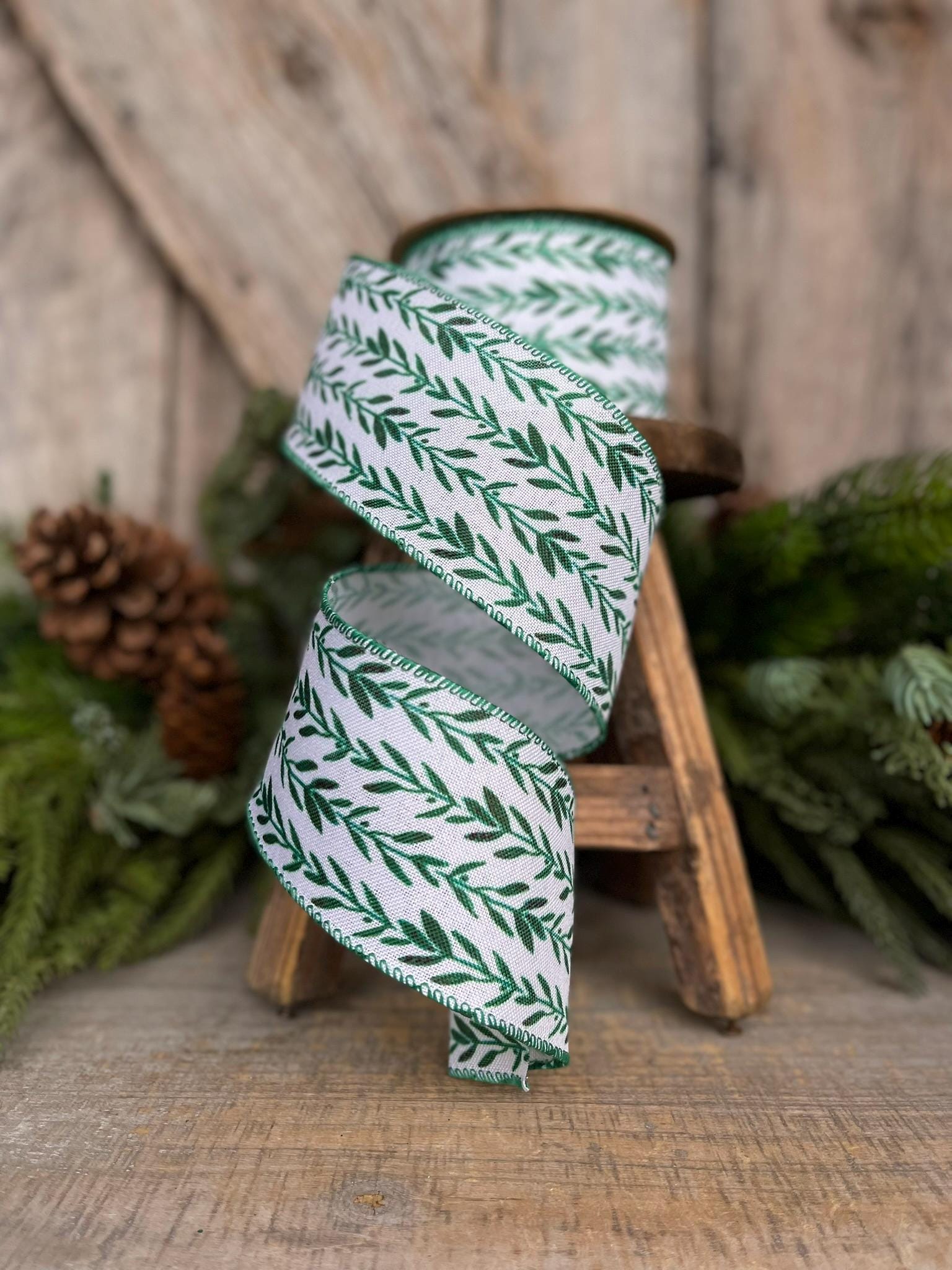 2.5" Green Leaf Ribbon, Wired Ribbon, Spring Ribbon, Wedding Ribbon, Everyday Ribbon, Olive LEaf Ribbon, Green White Ribbon