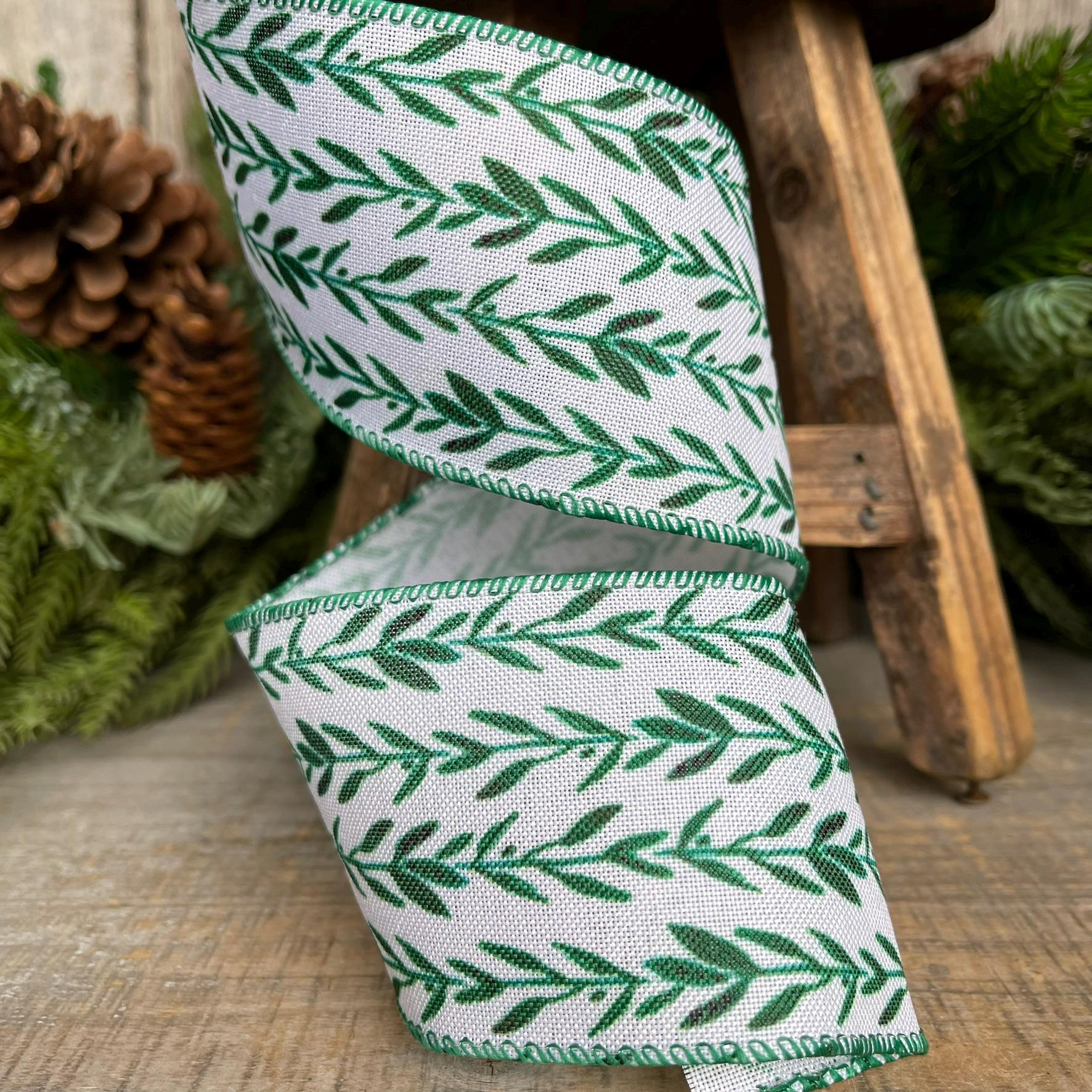 2.5" Green Leaf Ribbon, Wired Ribbon, Spring Ribbon, Wedding Ribbon, Everyday Ribbon, Olive LEaf Ribbon, Green White Ribbon
