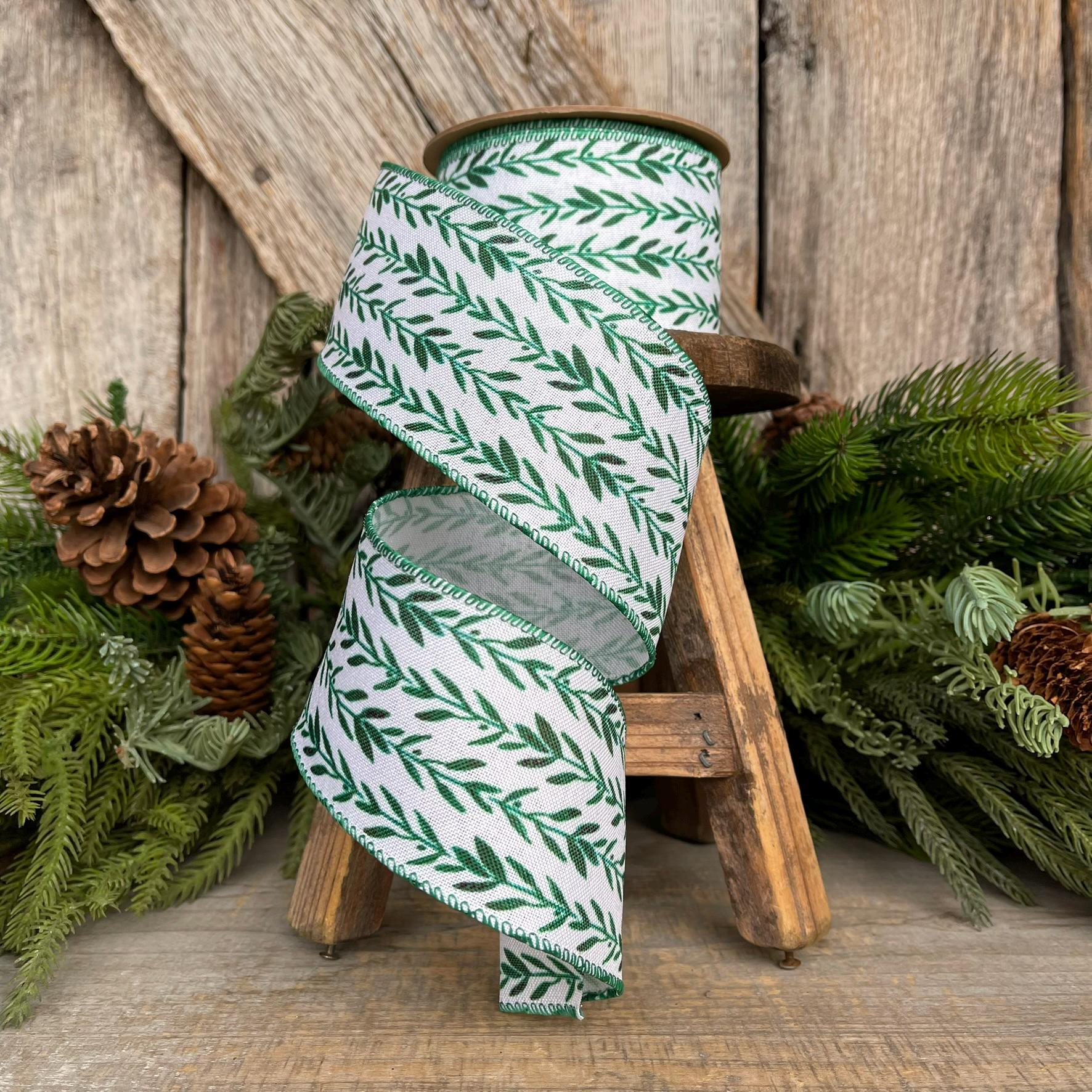 2.5" Green Leaf Ribbon, Wired Ribbon, Spring Ribbon, Wedding Ribbon, Everyday Ribbon, Olive LEaf Ribbon, Green White Ribbon