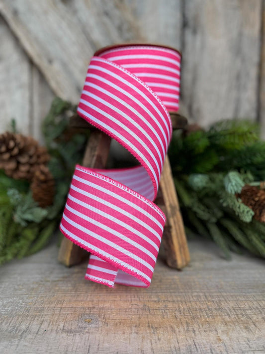 2.5" Hot Pink Cabana Stripe Ribbon, Wired Ribbon, Pink Ribbon