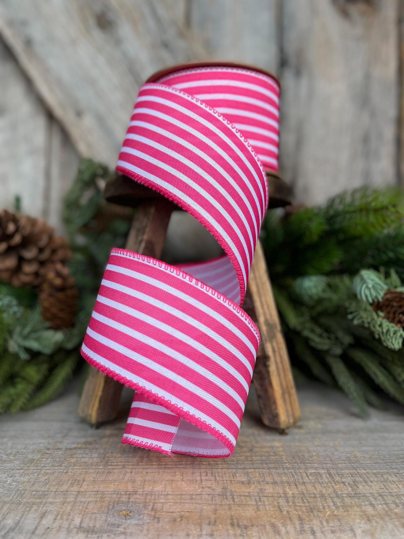 2.5" Hot Pink Cabana Stripe Ribbon, Wired Ribbon, Pink Ribbon