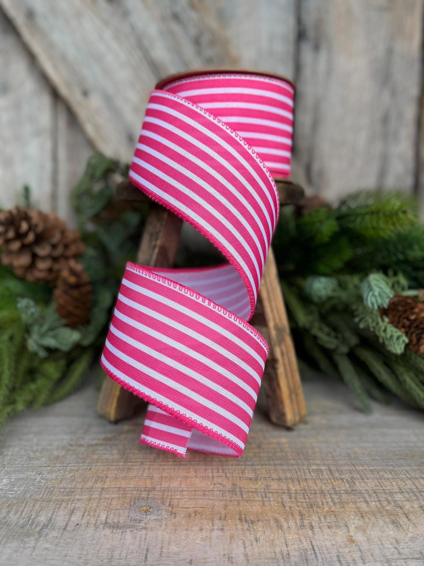 2.5" Hot Pink Cabana Stripe Ribbon, Wired Ribbon, Pink Ribbon