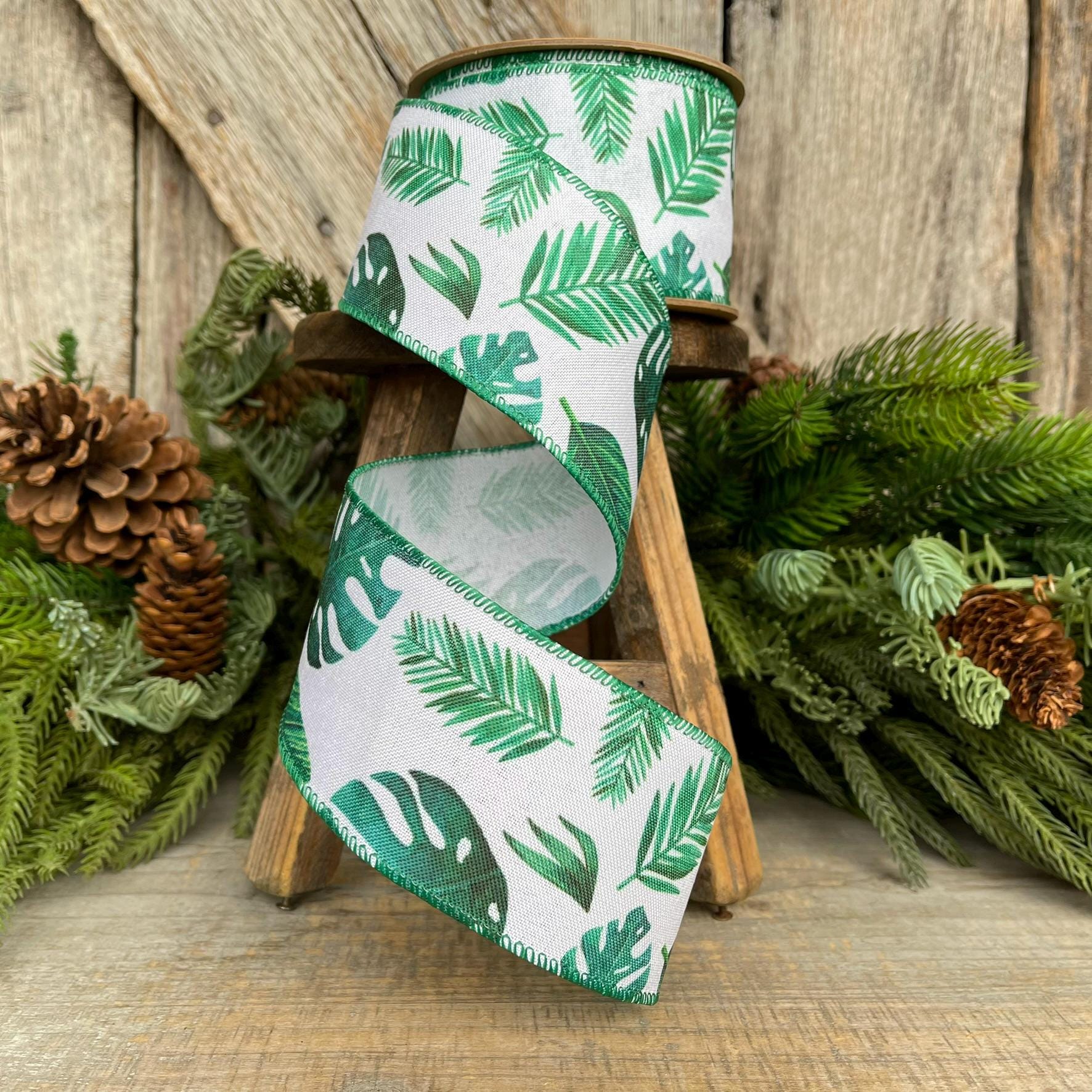 2.5" Monstera Palm LEaf Ribbon, Wired Ribbon, Spring Ribbon, Wedding Ribbon, Everyday Ribbon, Tropical Ribbon, Green White Ribbon