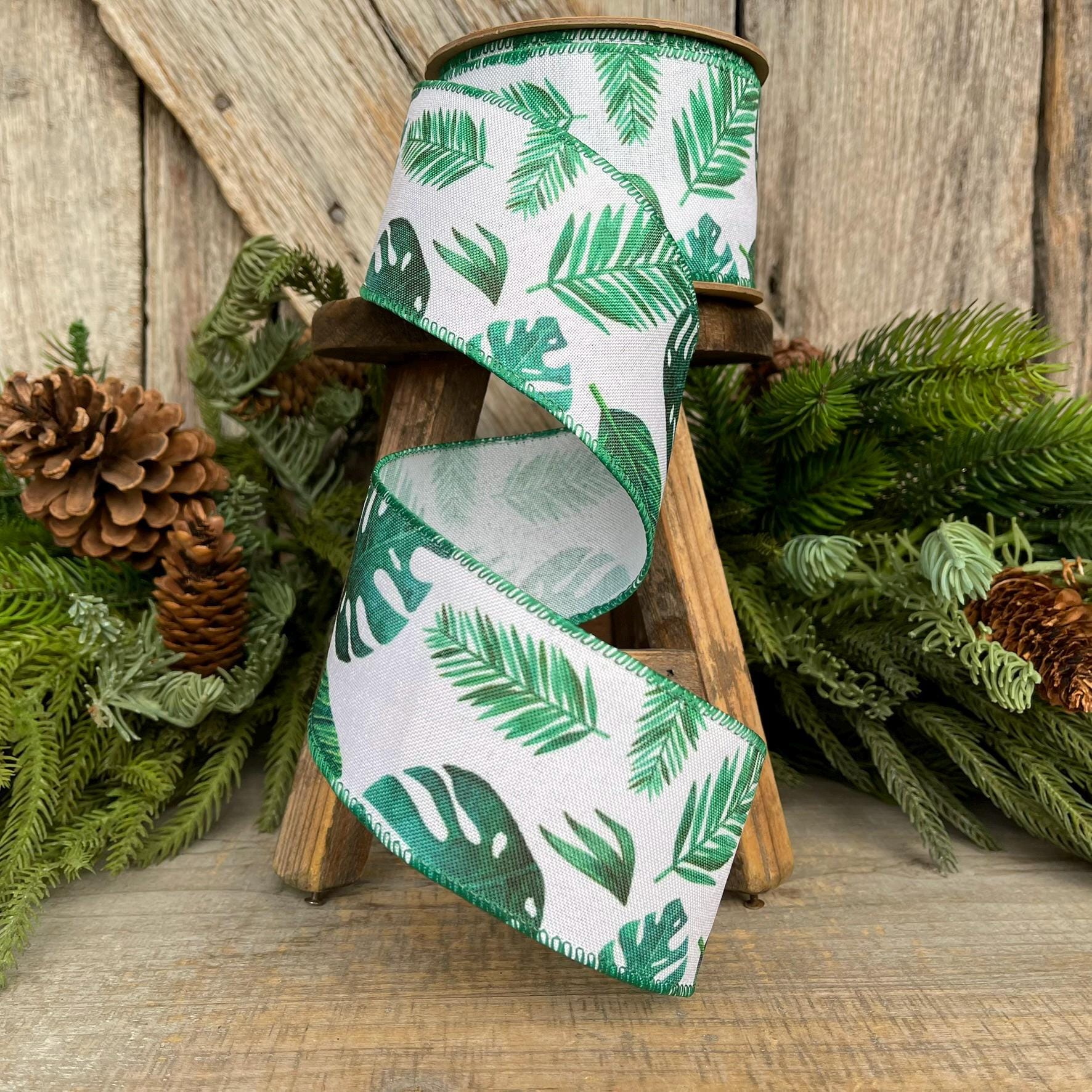 2.5" Monstera Palm LEaf Ribbon, Wired Ribbon, Spring Ribbon, Wedding Ribbon, Everyday Ribbon, Tropical Ribbon, Green White Ribbon