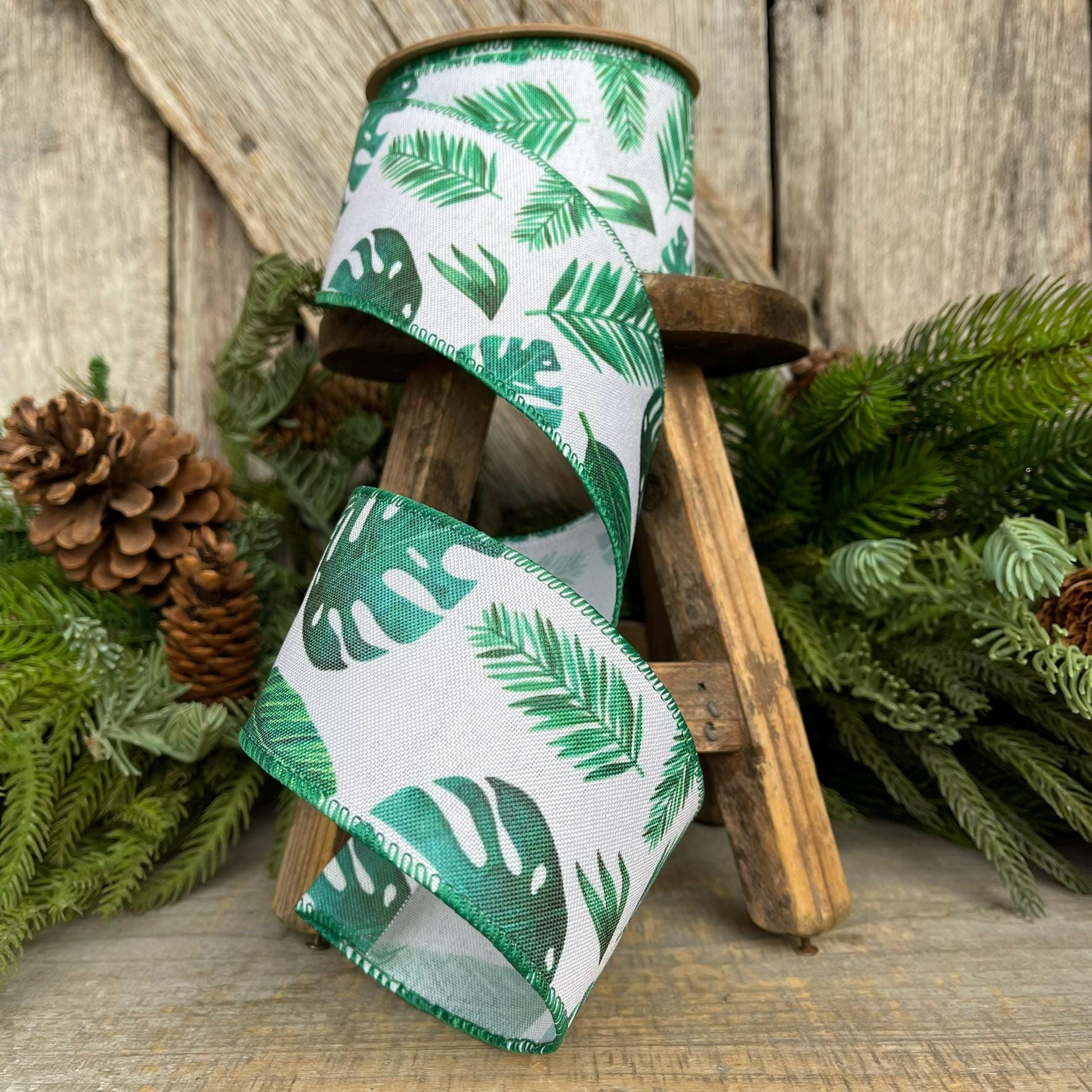 2.5" Monstera Palm LEaf Ribbon, Wired Ribbon, Spring Ribbon, Wedding Ribbon, Everyday Ribbon, Tropical Ribbon, Green White Ribbon