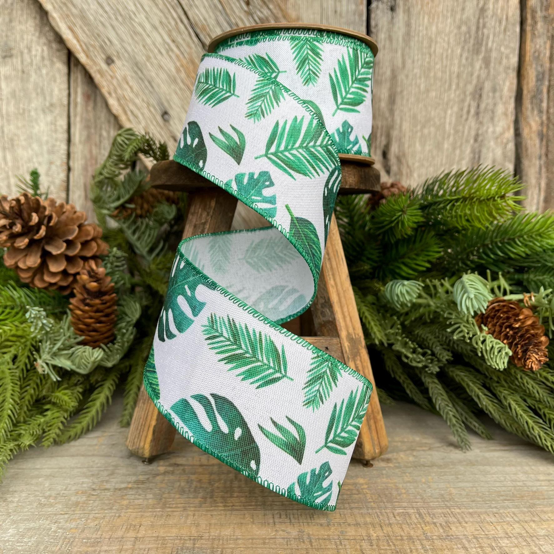 2.5" Monstera Palm LEaf Ribbon, Wired Ribbon, Spring Ribbon, Wedding Ribbon, Everyday Ribbon, Tropical Ribbon, Green White Ribbon