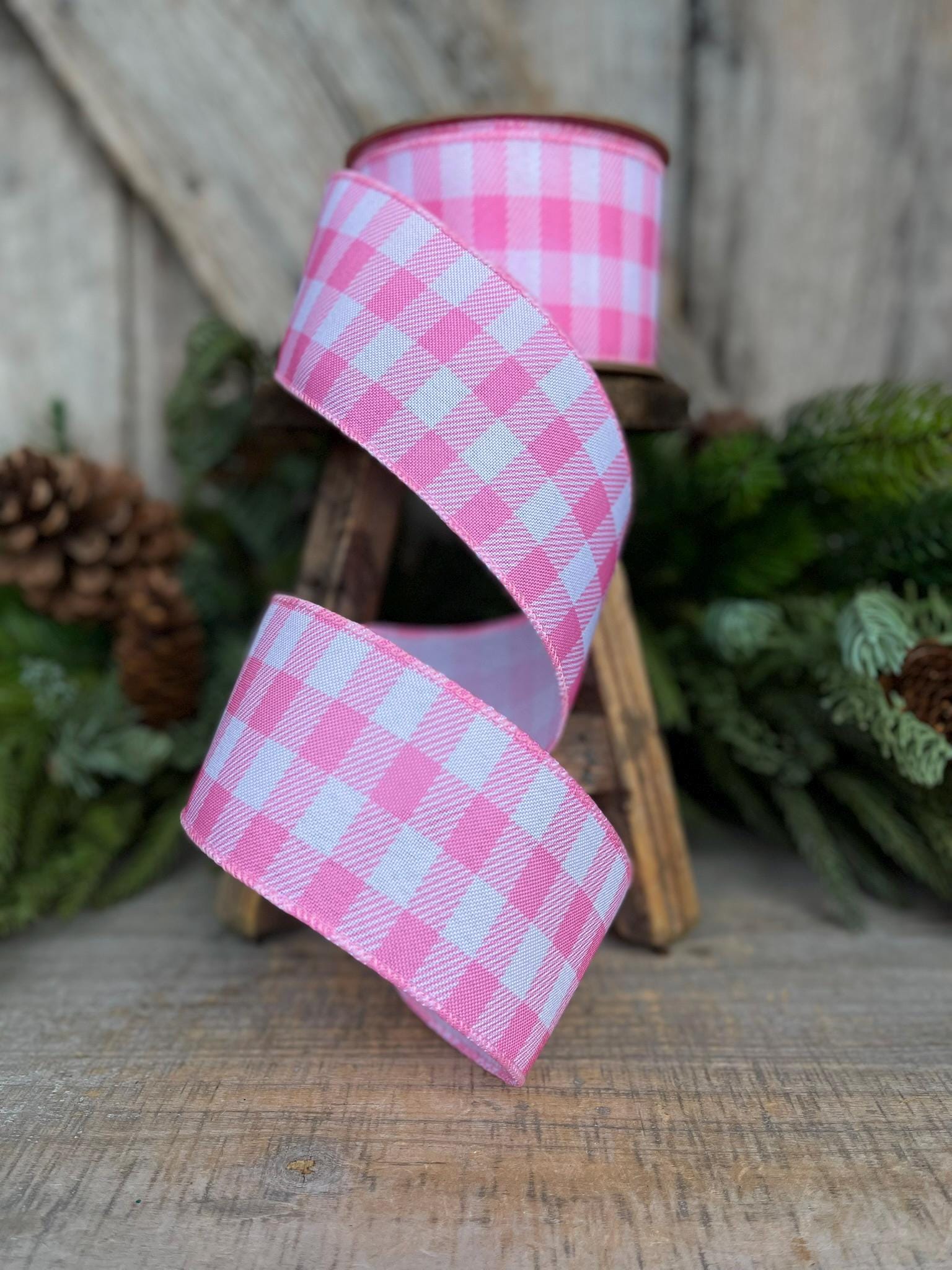 2.5" Pink Checks Ribbon, Easter Ribbon, Spring Ribbon, Pink Plaid Ribbon, Wired RIbbon, Light Pink Ribbon, Pink White Ribbon