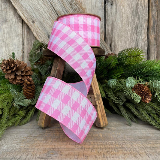2.5" Pink Checks Ribbon, Easter Ribbon, Spring Ribbon, Pink Plaid Ribbon, Wired RIbbon, Light Pink Ribbon, Pink White Ribbon
