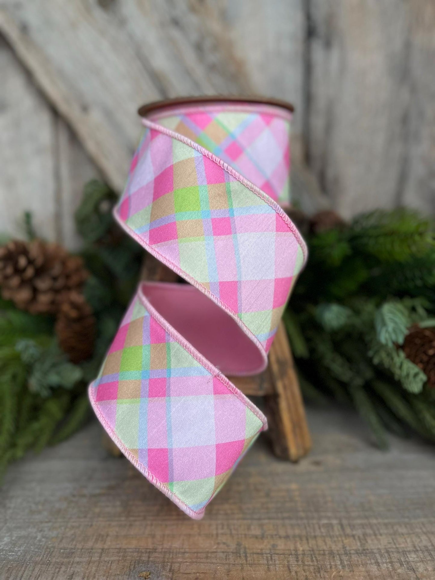 2.5" Pastel Pink Diagonal Plaid, Designer Ribbon, Pink Plaid Ribbon, Spring RIbbon, Craft supply, Ribbon for Bows, Fused RIbbon